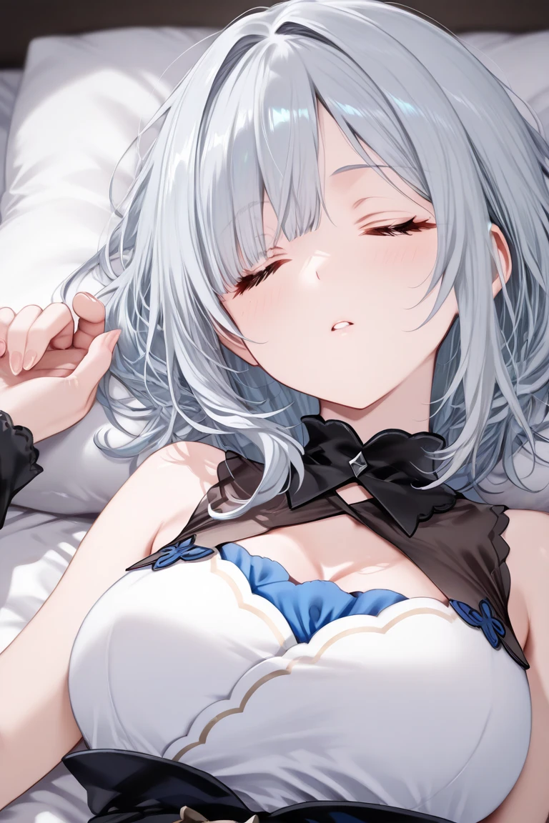 (((best quality)), ((masterpiece)), (details), masterpiece, best quality, high quality, ulutra detailed, perfect face, ((1girl, blue eyes, cat ears: 1.3 silver bob hair: 2.5,)) 、Shiny Hair、Glowing Skin、blush、Lustful look、Sleep in bed、Side Angle、whole body、Lace purple babydoll、barefoot、Purple lace panties、Butt、Sideboob、Prone