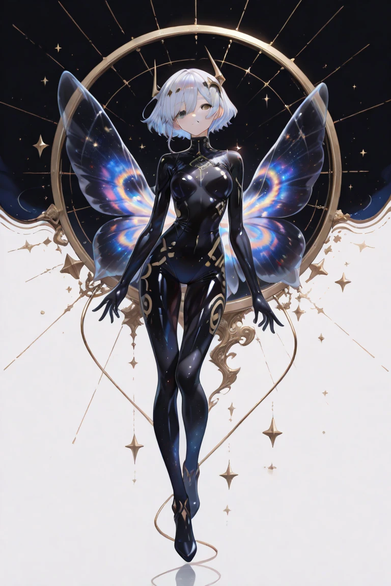 ，{{shoun}},{{Intricate decorative lines}}，，{{Geometry}}，Impressionistic style，{{full body}}，  Smile on your face，Has thick dark circles，Unhealthy white skin，Short gray hair{{Small hairpins}}，{{{The figure is very skinny and bone-packed}}}，Live linen {{seminude}}，{{{Crow's tail pattern}}}，{{{Intricate decorative lines}}} {{{The }}}Normal face