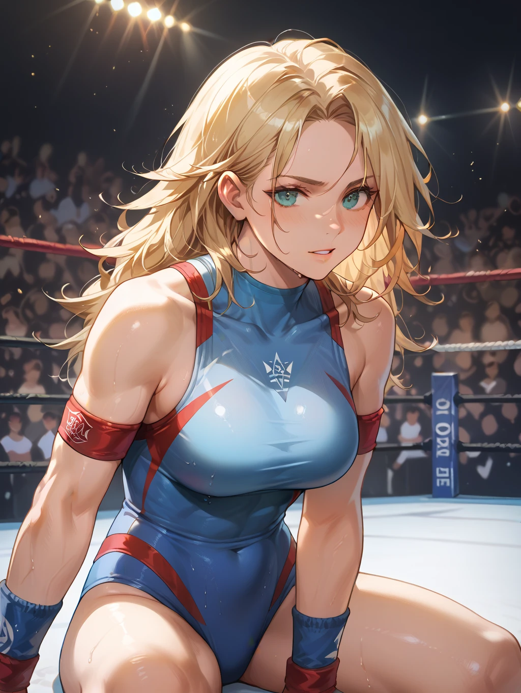 Realistic depiction、 Highest quality, (pretty girl, Foreigners:1.3), (((Blonde:1.5))), (Shining golden ponytail:1.5, Thinning hair:1.3, blue eyes, Pale skin:1.1), (fair, 20-year-old:1.5), slim的, slim, (Small~Mid-chest), (Track and field uniforms:1.3), Track and field career, Put your hands behind your back, belly button、barefoot、blue eyess、Nice thighs、Shining thighs, Pink Movement, Push Up Sports Yoga Pants, (Shiny material:1.5), (Look directly at the audience), (Audience:1.3), (Cowboy Shooting:1.3), Top Corner, From the back,Abnormal breast swelling, The rib cage is larger than the shoulder blades, Big breasts and small waist,(Huge breasts:1.2),Moisturized Skin((Villain))((Very large breasts)),((The original skin is visible through the grooves))