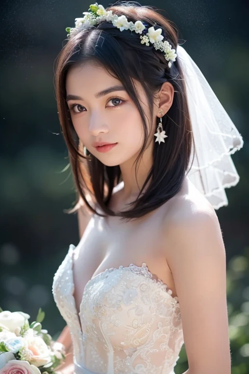 (Highest quality、Tabletop、8k、Best image quality、Award-winning works)、One pretty bride、(alone:1.1)、(The most extravagant and gorgeous huge pure white wedding dress:1.2)、(Perfect Wedding Lace:1.2)、(The most gorgeous and luxurious giant tiara:1.3)、(The most extravagant and luxurious giant necklace:1.3)、The finest jewellery decoration、Perfect Makeup、Long eyelashes、Ultra HD Shining Eyes、Ultra HD Hair、Ultra-high resolution glossy lips、Super high resolution beautiful face、(Accurate anatomy:1.1)、Very bright and beautiful skin、very bright and vivid、Perfect beautiful bridal hairstyles、(Front facing body:1.1)、(Wedding reception background:1.1)、(Small breasts:1.1)、(Small breastsの谷間:1.1)、(Perfect beautiful bridal photos:1.1)