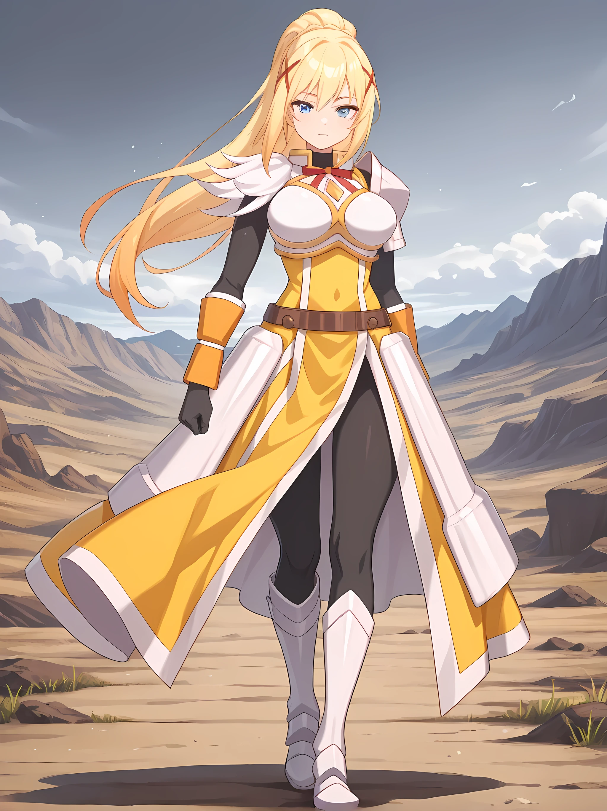 very aesthetic, high resolution, ultra detailed, absurdres, The newest, landscape, medium depth of field, rule of thirds, masterpiece-level , clean lines, sharp, focused theme, minimalist composition, obra maestra, incredible quality, Tops, anime screenshot, detailed face, detailed eyes, detailed outfit, facial focus, 1girl, Alone, blond hair, long hair, cola de caballo, Dark-Liver020, set 1 , outfit1 , white armor, shot of a cowboy, yellow dress, armor, red ribbon, ornament for hair, brown metal belt, Black glove, big breasts, blue eyes, gray background ((full body image))