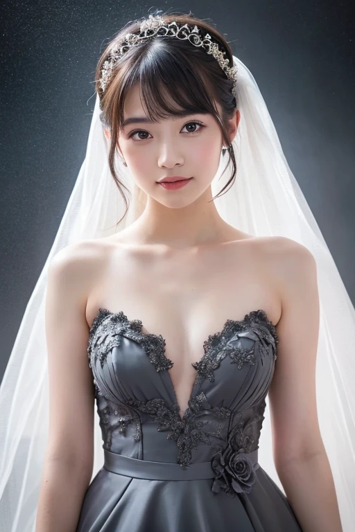 labios ligeramente abiertos, ligera sonrisa, (Masterpiece), best quality, highest quality, highly detailed CG unity 8k wallpaper, original, high resolution, (depth of field: 1.5), fidelity: 1.3, breasts, bride portrait style, 1 girl, curtains, veil , bridal veil, wedding dress, curtains, jewelry, solo, earrings, teeth, bride, black_hair