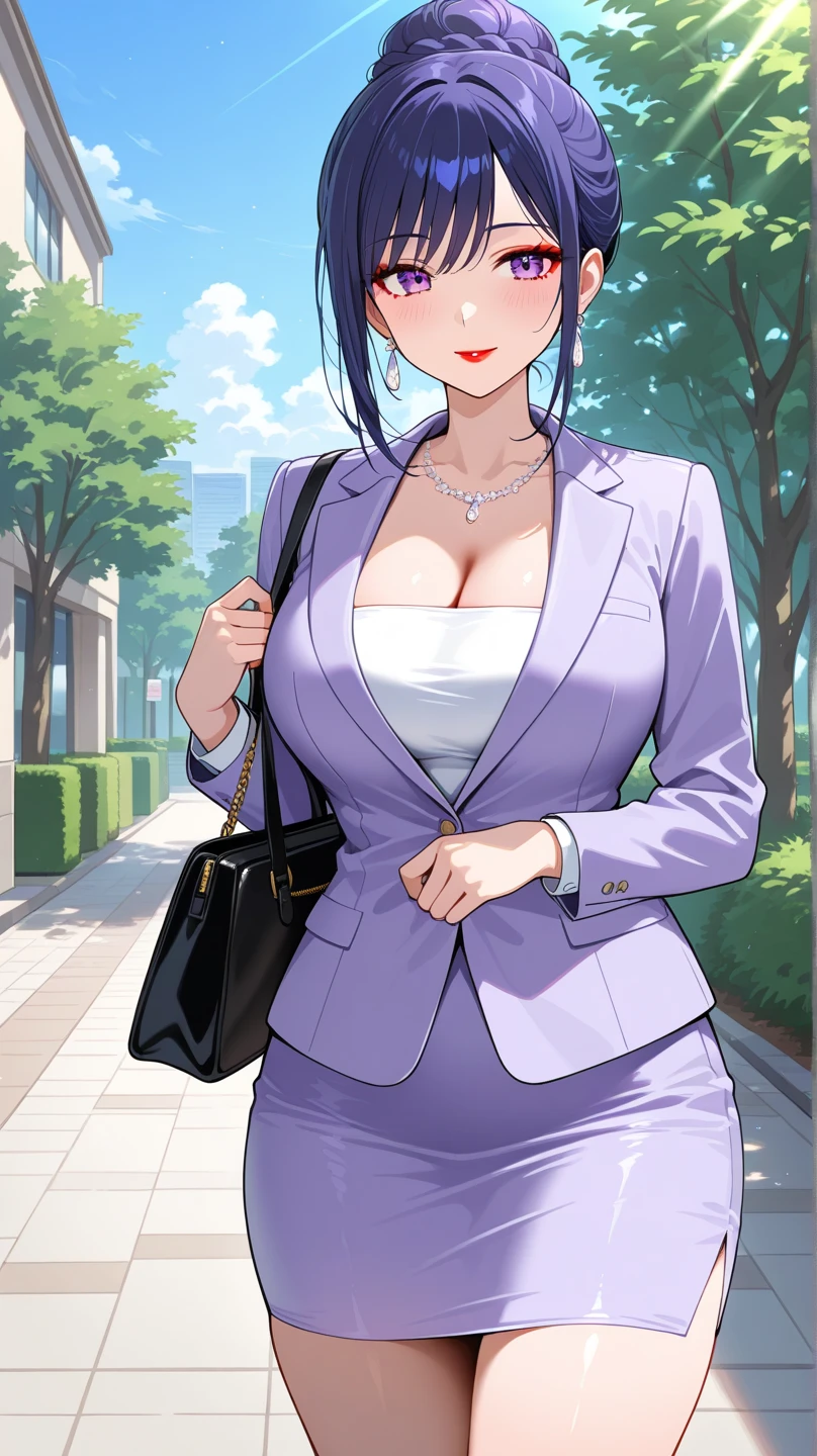 ((masterpiece, best quality, ultra-detailed)), 1girl, beautiful business woman walking through a summer garden, smiling, wearing pink blouse and blazer, bracelet, necklace, black midi pencil skirt, black business skirt, heels, full body, purple hair