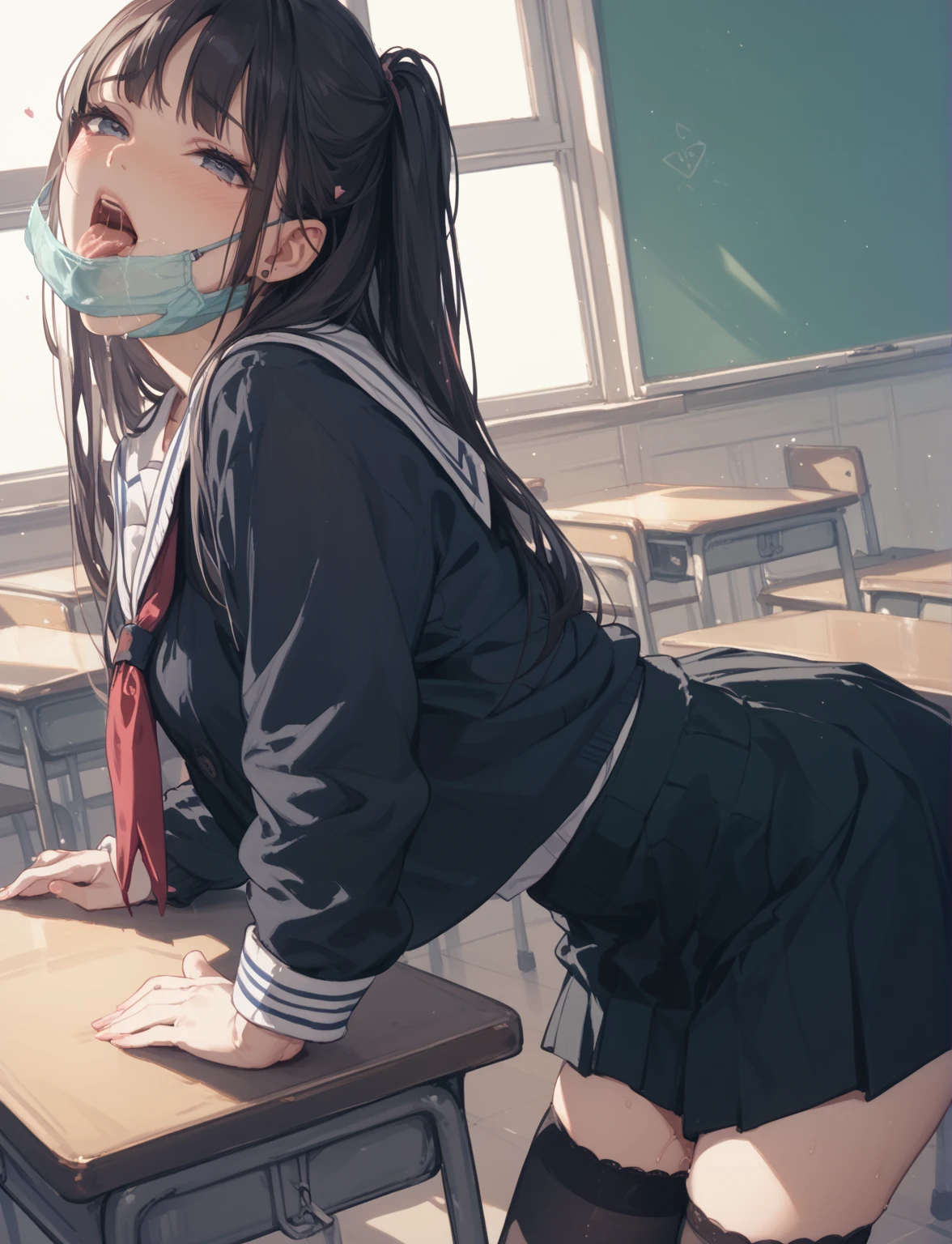 ((masterpiece,Highest quality:1.3,best quality illustration)),realistic,BDSM,cowboy shot,1woman,(20 year old beauty),((very small head:1.4)),ideal ratio body proportions,dark blue hair,straight long hair,bangs,black eyes,gorgeous big eyes,sad,tears、((black gagged)),open mouth、((tan skin,skinny)),medium breasts,gleaming skin,slender body,sweat:1.3,naked,nipples,vagina,Love juice、sitting,arms behind back,Simple office、Simple chair、Simple desk,People at work々、Shinjuku、Tokyo、nsfw,
