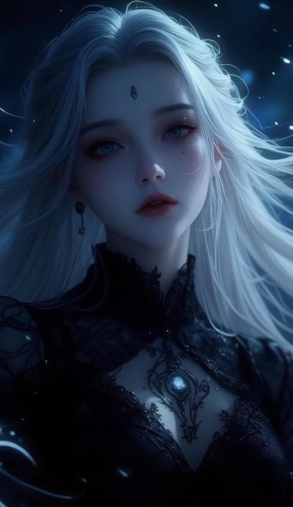 a close up of a woman with a black dress and a white hair, neoartcore and charlie bowater, gothic fantasy art, tom bagshaw artstyle, dark fantasy style art, gothic maiden anime girl, beautiful necromancer girl, tom bagshaw style, artstyle tom bagshaw, beautiful necromancer, in style of dark fantasy art