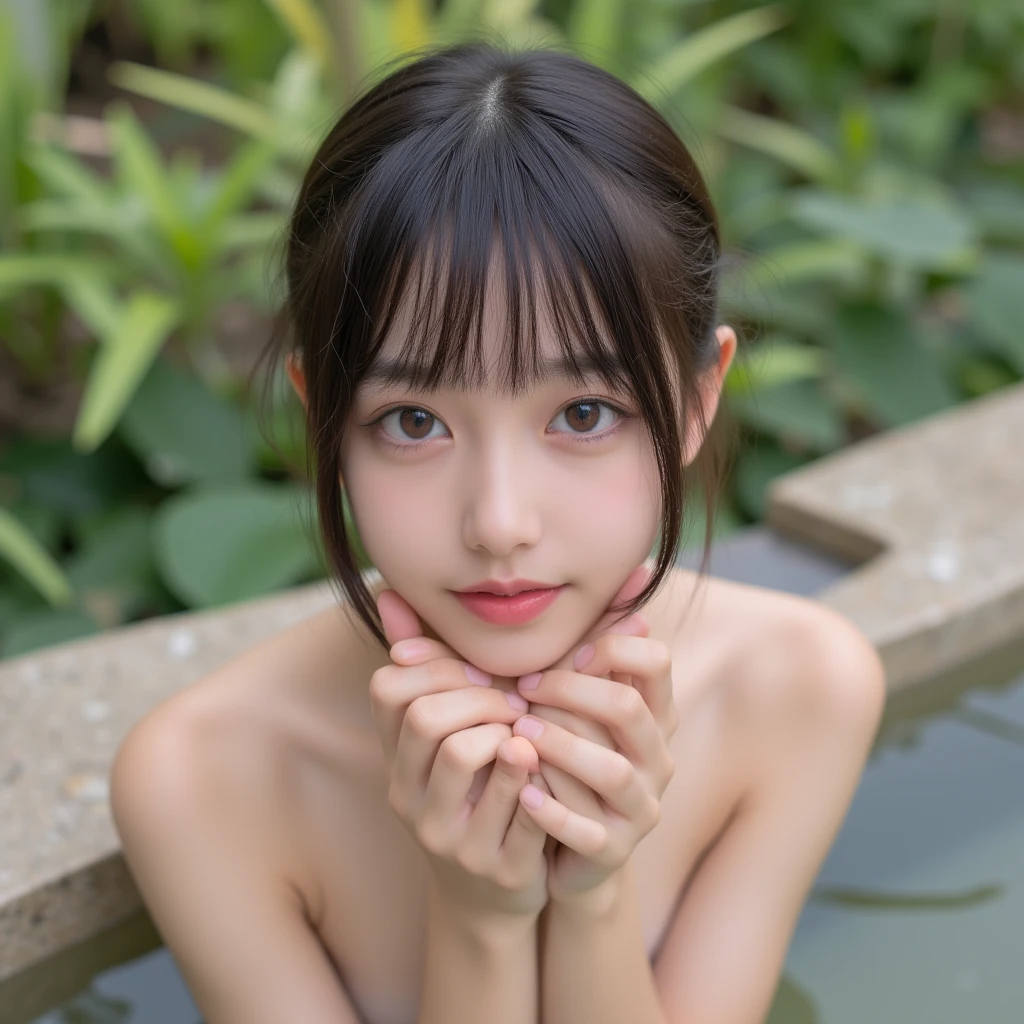 (best quality:1.2), masterpiece, Realistic, Ultra-high resolution, ((a beautiful Japanese idol 12 years old woman:1.2)), (Gaunt:1.3), (((Very flat chest:1.4))), ((Baby Face)), (upper body), ((Raise your arms to show your armpits:1.4)), ((Armpits are wet and shiny with sweat)), (((sweaty armpits))), Armpit depression, ((((Deeply wrinkled armpits)))), She has skin that sweats easily Soaking wet, Wearing split (Lace Headband:1.2), (realism:1.5), (topless:1.2), (I can see my pores), in Japanese hot springs, Outdoor hot spring, Stone hot spring, Moss and trees Surrounded by