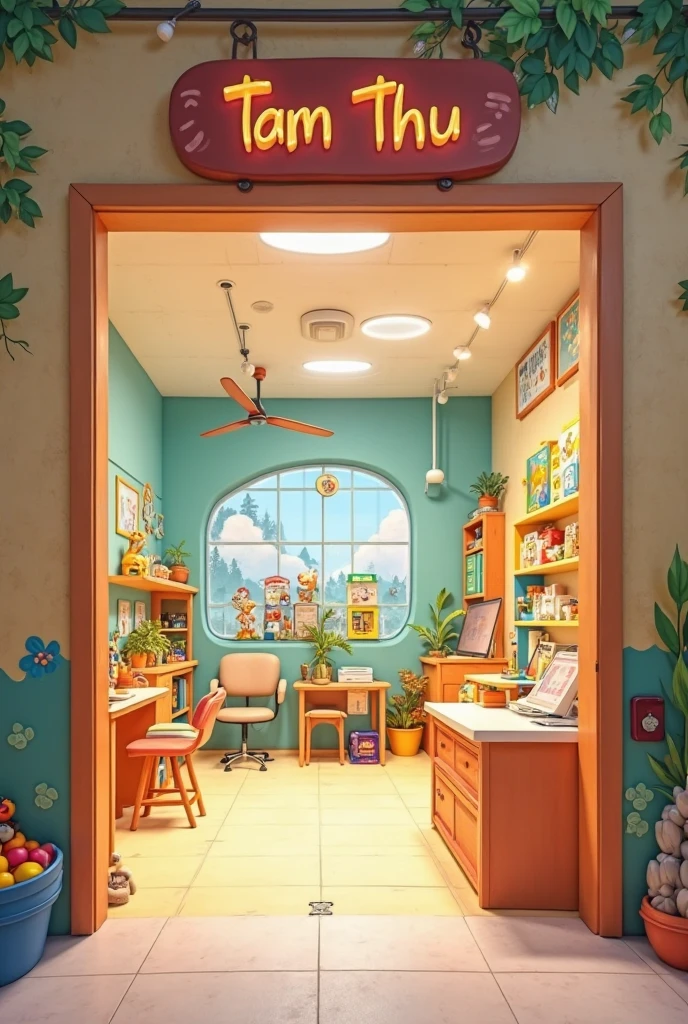 children's clinic, write a name "Tam Thu", young design, many toys
