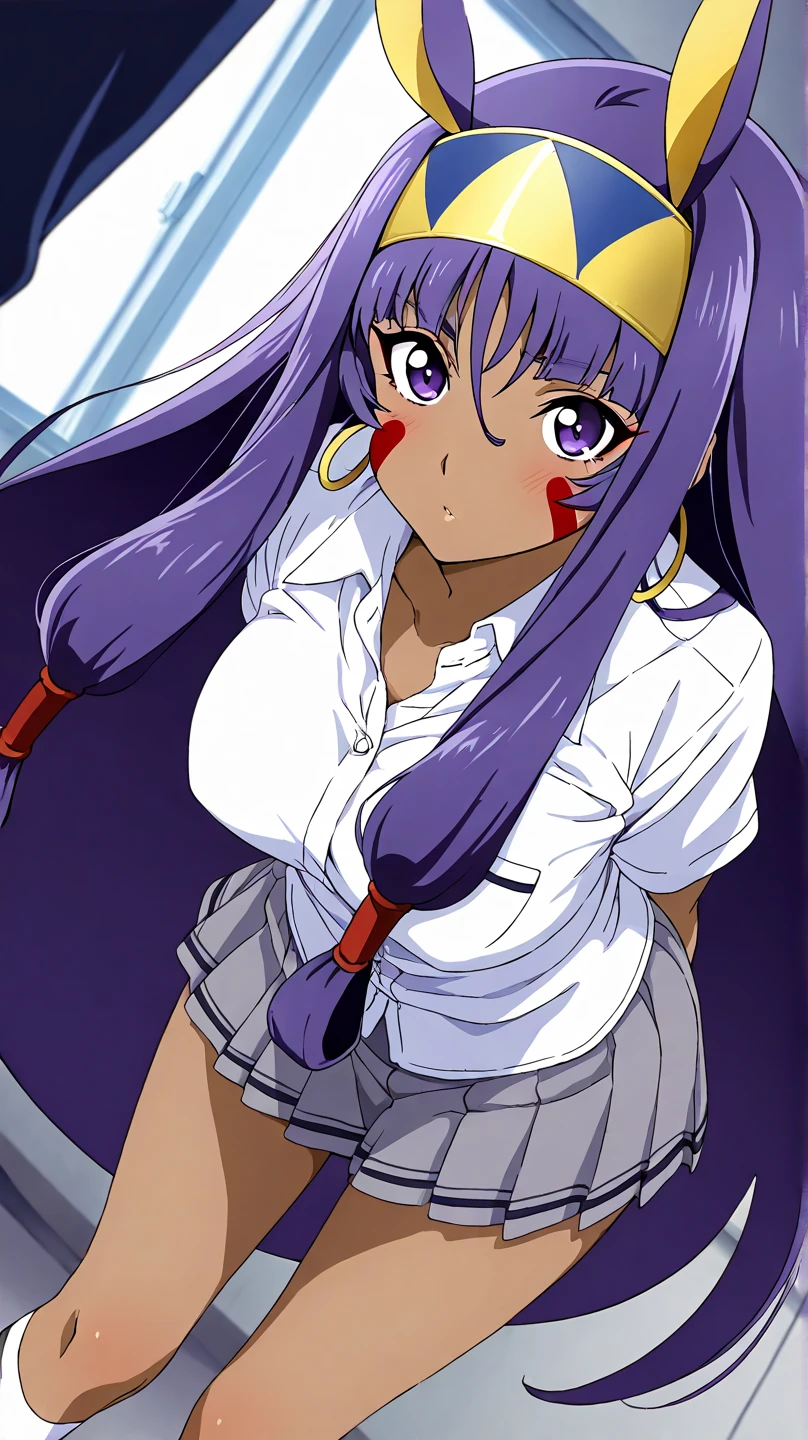 <lora:viper:1>makoto, dark-skinned female, black hair, short hair, blue eyes, large breasts, cleavage, headband, choker, waitress uniform, underbust, pink skirt, indoors, table, masterpiece, best quality