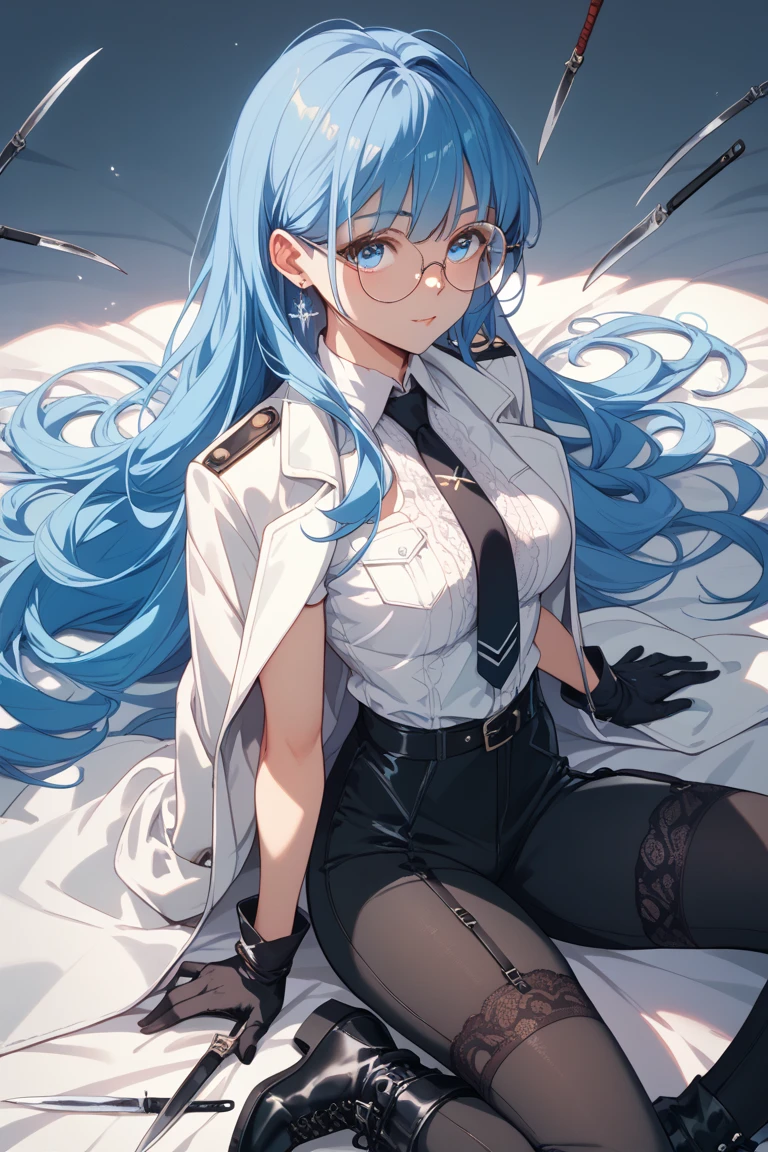 (masterpiece), best quality, seductive eyes, mature woman, blue eyes, long blue hair, long eyelashes, white shirt, black pants, peaked cap, big breast, anime cover, 1girl