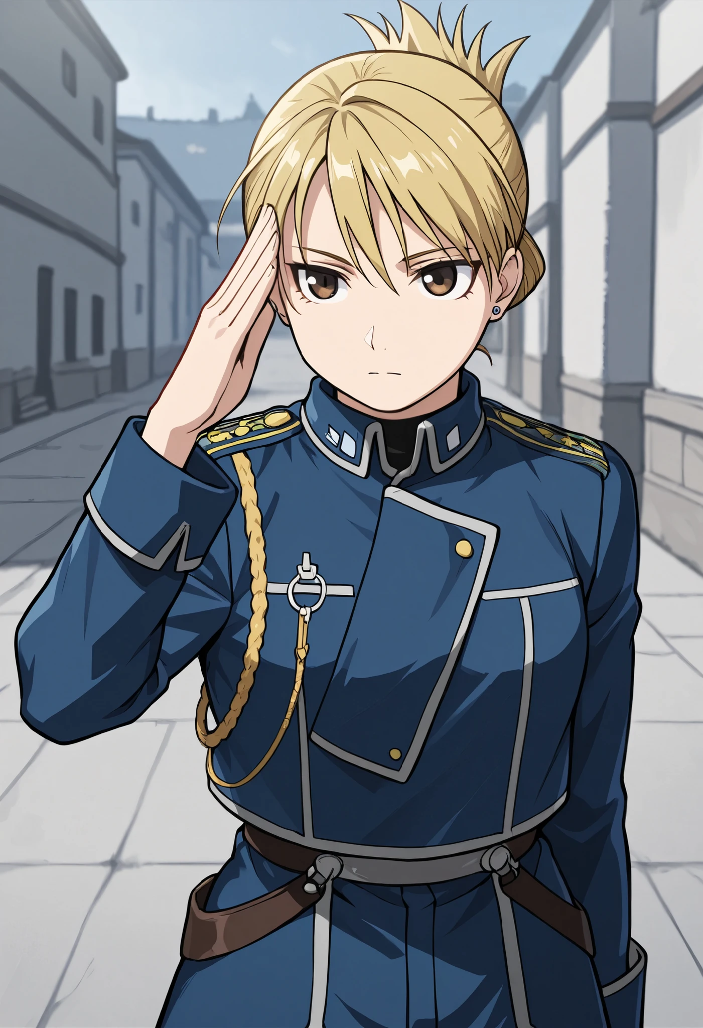 masterpiece, top quality,
Lisa, 1girl, solo, brown eyes, Blonde, put together ponytails, jewelry, earrings, uniform, military, military uniform, shirt, black shirt, Jacket, blue Jacket, long sleeve, Aiguilette, salutes
outdoor,