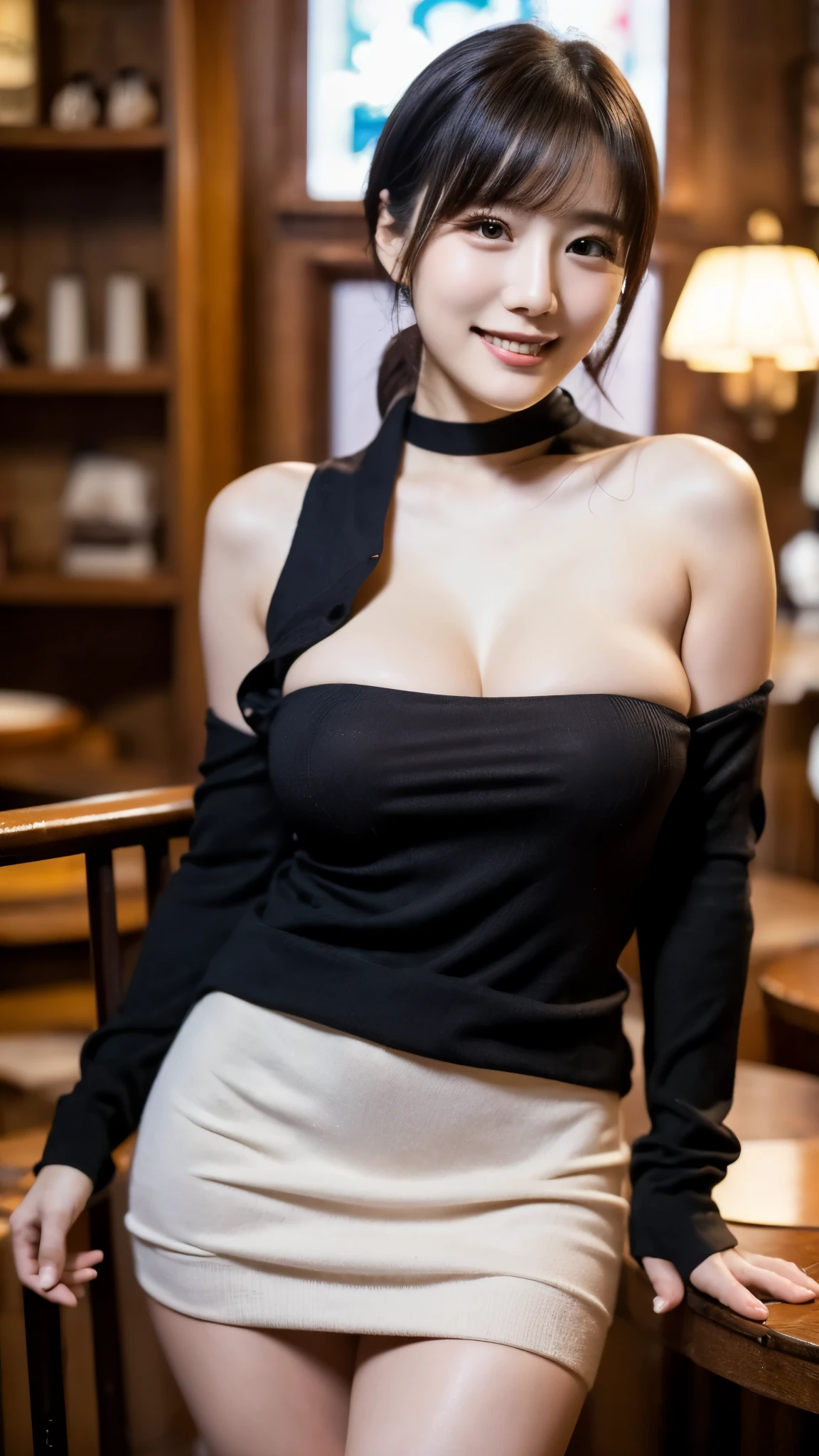 No.debt.S.W.、top quality、takes only a disorganized、Super Detailed、fine、high resolution、8K Wallpaper、face close-up、perfect dynamic composition、Beautiful and clear eyes、gorgeous knitted Korean winter clothes、Skirts、cuteヘアスタイル、Bashibashi、(princess cut hair)、Big breasts、Natural Color Lips、bold and sexy pose where you touch your neighbor's body、Smile、cafe、Japanese、s old、cute、charming shot staring at the camera、always blurs the background、perfect and beautiful face、face、beautiful detailed face、slim face and style