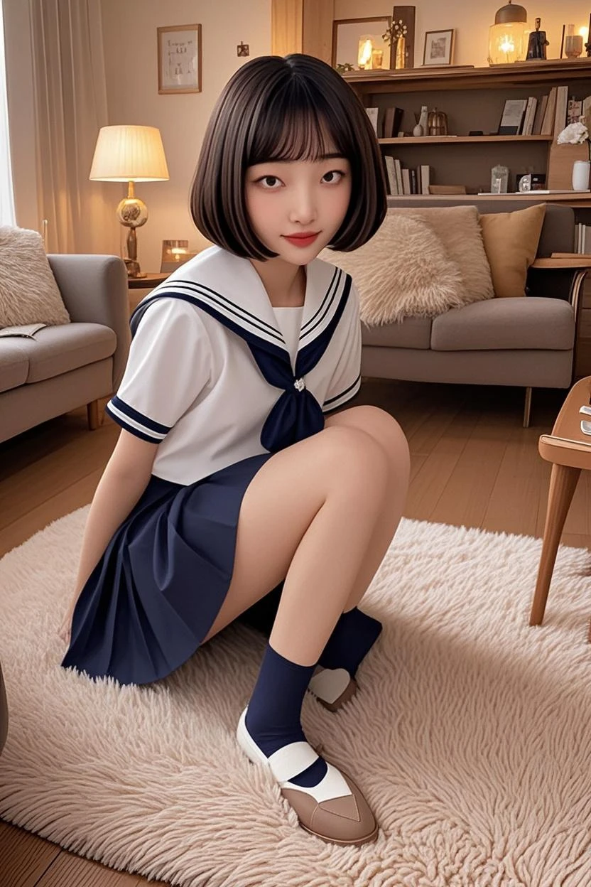 ((highest quality、8k、masterpiece:1.3)),((((fullbody shot)))),Ultra-high resolution,big eyes,Japanese,bangs,(((a girl))),(((1 girl))),((20 years old)),((facing at viewer)),grin,((looking at viewer)),(long hair),(((black sailor uniform))),((sitting on chair)),(((open leg),(pleated mini skirt),(((platform shoes)))