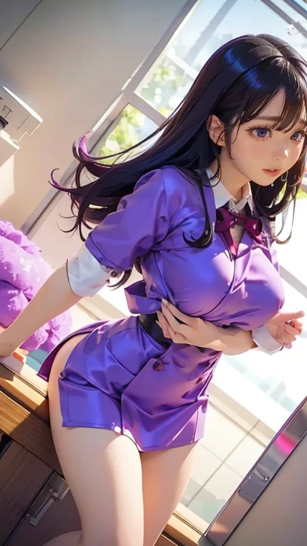 Purple nurse uniform,humongous breats,extremely long hair,knee long socks,miniskirt,transparent,sexy