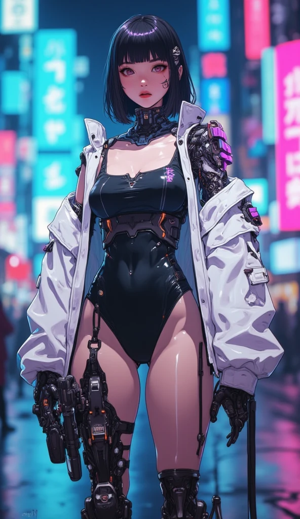 girl robot,(Invisible face,silver female robot,metallic shining body,heroic, (detailed eyes),lustrous lips,(Glossy hair),beautiful hair,(shiny skin),dyed cheeks,thin waist legs,thighs,(shine),((mechanical arms,mechanical legs,mechanical breasts,mechanical legs)),warframe,liquid metal girl,(((purple_eyes:1.3))),eyes without pupils,symmetrical eyes,big eyes:1.5,details eyes,(spider lower abdomen,narrow waist,wide hip,imbo body,inflated legs, thick thighs,detailed body,(detailed face)),((Wild Spike Saiyan:1.5,(lavender color hair))),(large breasts:1.4),
cute,slutty,seductive,erotic,(((nsfw))),
((scars in both eyes:1.5, scars in the skin:1.5)),shiny clothes,((thigh high cut:1.5, bare thighs:1)),((huge mechanical ring in the neck)),((mechanic thong:1.5),((huge earrings with LED lights:1.2)),((machine-made joints: 1.4)), ((mechanical limbs:1.2)),((mechanical parts:1.4)),(mechanization:1.2, future),(wires and cables attached to the head and body: 1.5),(show skin:1.3)
((wet clothes,intricate outfit,intricate clothes)),
(dynamic pose:1.0),solo focus,embarrassed,(centered,scale to fit dimensions,Rule of thirds),
cyberpunk city by the ocean at night, with bright neon signs and dark stormy clouds and puddles, scenery:1.25,nighttime, starry night, cosmos,Very dark night that makes the neon lights stand out, very bright neon lights,nighttime, starry night, cosmos,
artistic photography,(photography taken by sldr),highres, sharp focus,(ultra detailed, extremely detailed), (photorealistic artwork:1.37),(extremely detailed CG unity 8k wallpaper),((synthwave background theme)),(((vibrant colors))),intricate,(intricate background),(masterpiece),(best quality),perfect rendered face,perfect face details,realistic face,photo realistic,analog style,((intricate detail)),(((realism))),