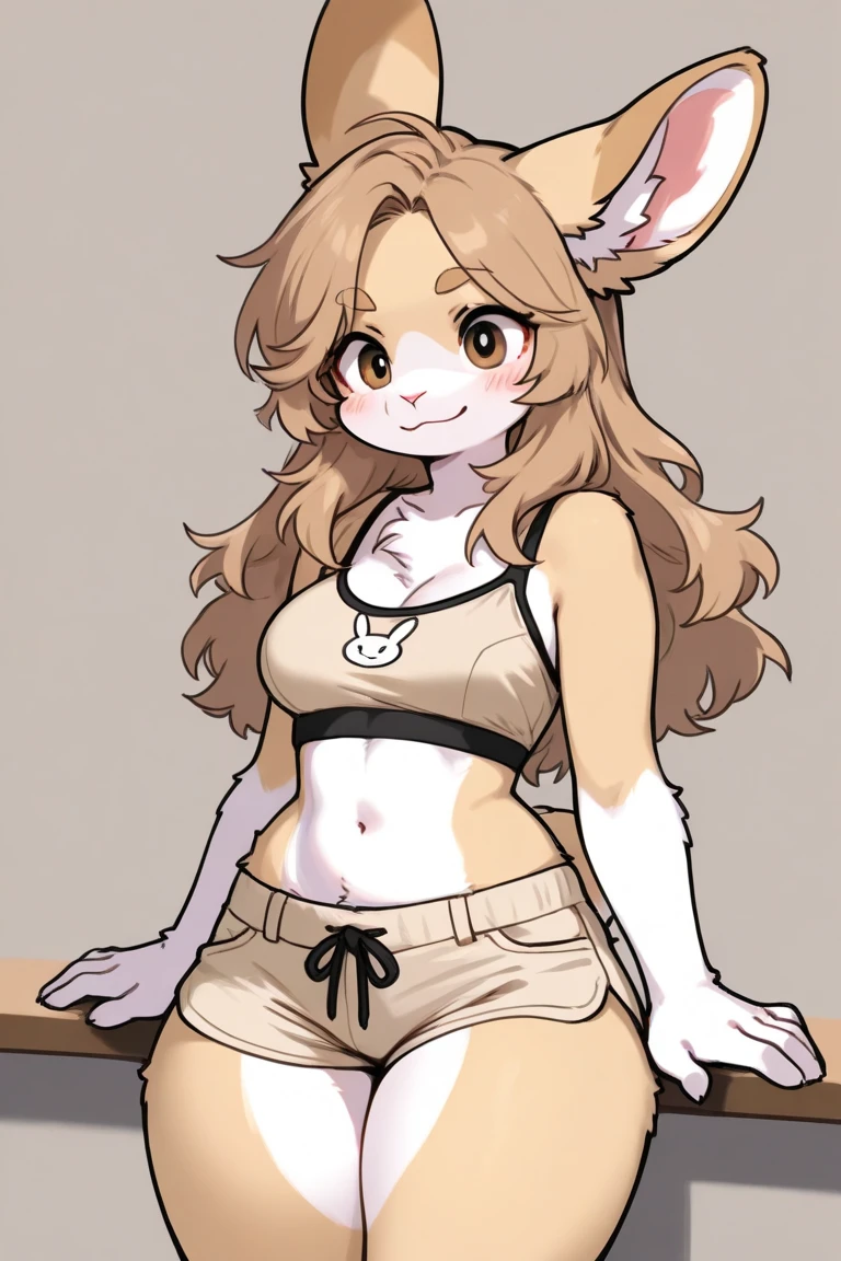 Hairy mouse girl , round face , (tilt face:1.1) , moist round eyes , Swollen cheeks , Maternal smile , glossy lips , lift up Baggy swim wear , secretly show bushy crotch