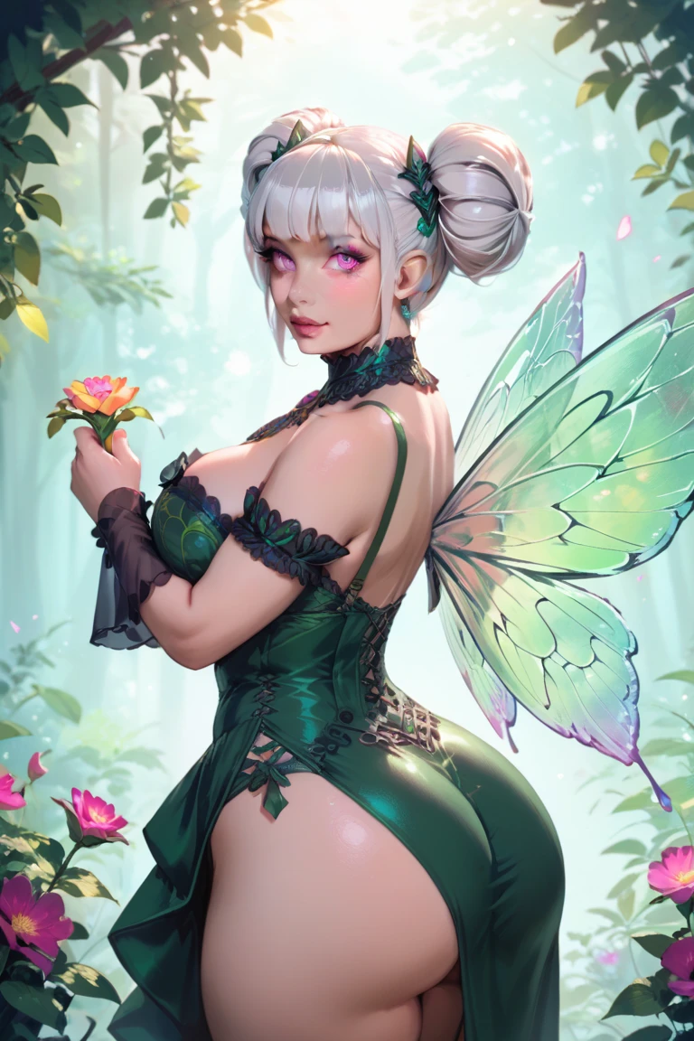 (Best quality, tmasterpiece:1.4), (actual:1.2), (actual:1.2), (Ridiculous resources:1.2), 4K, ultra - detailed, A beautyful girl, Detailed faces, (Ultra-detailed eyes:1.2), (gorgeous one:1.2),(natural:1.2), (at a forest:1.4), (Monte:1.2), Rochas, Rochas, floods, (wood bridges:1.2),(Alone:1.4), 1 Sister, (Eternal:1.2),(fairies:1.2), Pointed ear hair:1.2), Long gray hair, (side locks:1.2),(Green-eyed:1.4),(humongous large breast: 1.6),(Wide hips: 1.3),(Thigh thick: 1.2),(Thick lips: 1.4),White knee-length Bootrow shorts:1.2), (brown cape:1.2), (Brown stockings:1.4), Mint green dress, Black belt,venusbody