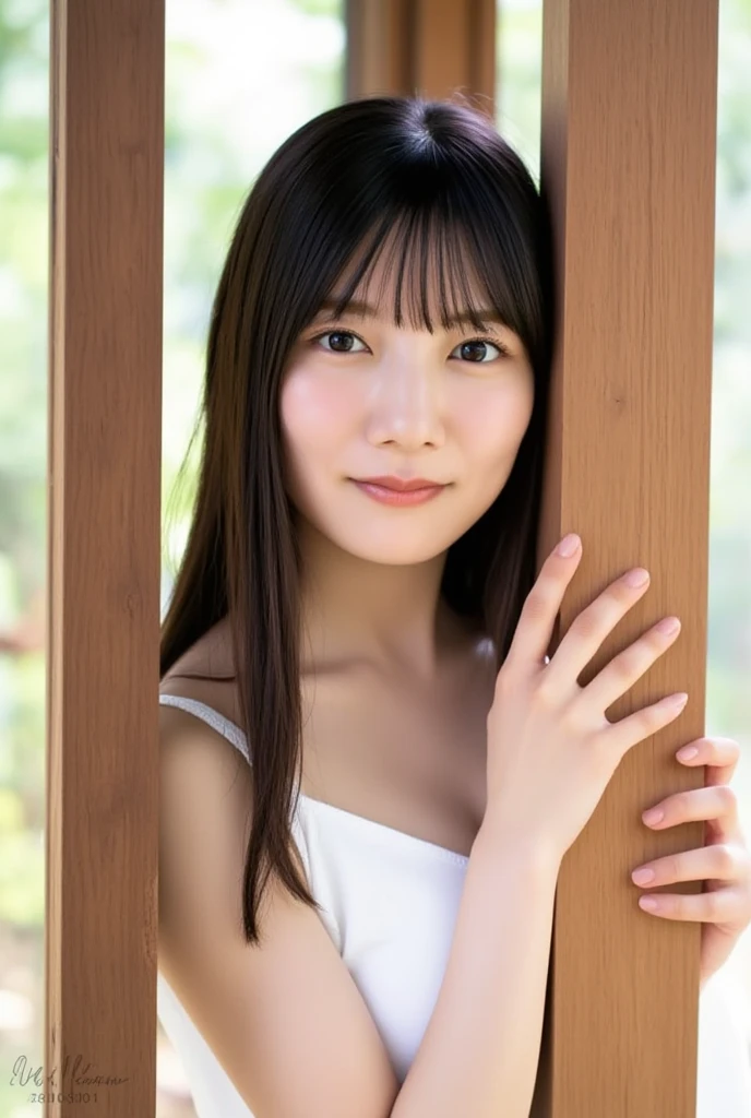 A young girl from Northern Europe, 21 years old, happy, cute face, pale skin, black hair, eyeliner, thin nose, wearing a neckline, wooden house porch, sitting on a wood chair