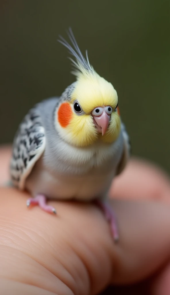 Arapi sat on a man's hand,There is a yellow and blue parakeet, pet bird, mid 2 0's female, she is about 20 years old, she is about 2 0 years old, holding it out to the camera, fluffy green belly, she is about 2 5 years old, Green head, is looking at a bird, with a yellow beak,food on face, surrealism, Verism, stereograms, projected inset,budgerigar,Love to sing,Stand on a branch and look in the mirror