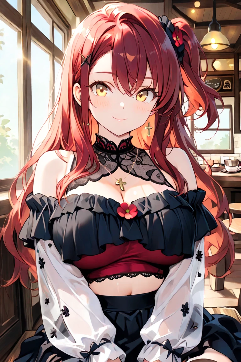 Adult Woman, masterpiece, 1girl, Amazing Cleavage:1.3, thin waist, big ass, Raised sexy, medium breast:1.3,posed cleavage:1.2,solo, open mouth, have a cup of coffee,black hair, red eyes, dress, bare shoulders, jewelry, collarbone, sidelocks, hairband, earrings, indoors, off shoulder, arms behind back, plant, short hair with long locks, black hairband, sweater dress, off-shoulder sweater, red sweater, big side hair, very long side hair,is rendered in (masterpiece: 1.2, best quality), with (ultra high resolution) and an exquisite (depth of field). This masterpiece is not only visually stunning but also tells, make of cooking some cakes ,in the kitchen,Long dark blonde wavy hair、her thin pubic hair, Puffy nipple、(short flared skirt)、garter stocking、Earring、Medium milk, cute smile face、(Pose to lean forward and emphasize the chest)、sexy hips、high-heels、atlibrary、((Close your arms to your chest and look up)),(with sparkling eyes and a contagious smile), looking at viewer,