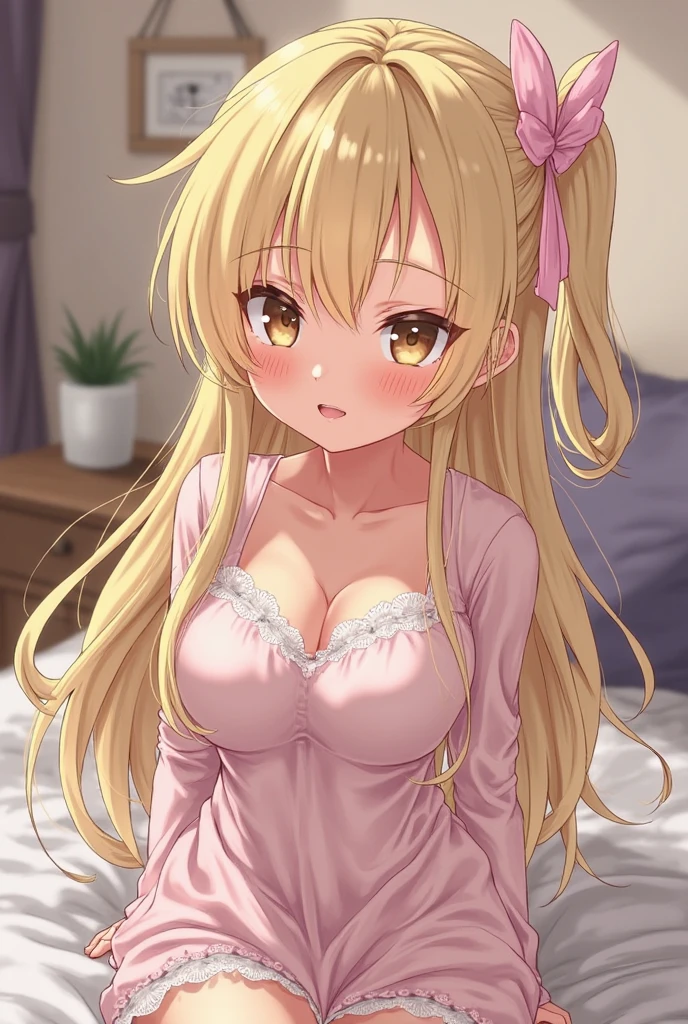 anime girl in lingerie sitting on bed with city view, seductive anime girl, blonde anime girl with long hair, 18 old girls in dress, beautiful alluring anime teen, beautiful anime girl, beautiful alluring anime woman, ecchi, attractive anime girl, anime best girl, , anime girl, pretty anime girl, beautiful anime woman, cute anime girl, wearing a babydoll, frilly babydoll, lingerie, see through, sand longed hair style, orange eyes color, off shoulders, wearing a pastel pink (sheer) babydoll, cute pink panties and bra underneath her sheer babydoll, cute anime illustration, cute anime illustration, pink babydoll,