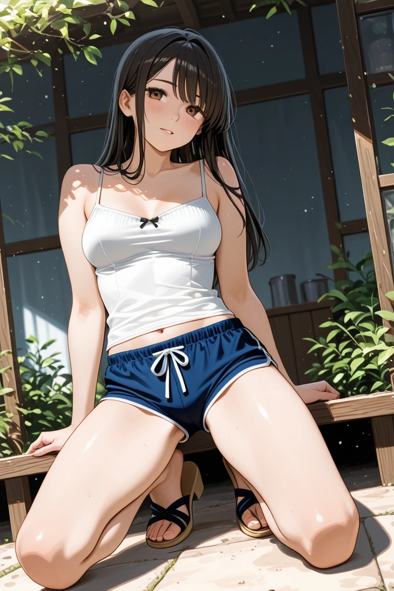 One person、masterpiece、Highest quality、Super detailed、High resolution illustrations、Improve skin quality、Increase eye appeal、Drawn in detail、Perfect body structure、Middle-aged female office worker、Spread your legs、Showing her ochre panties、Shift panties、Showing off her ochre bra、Push the bra aside、Flabby Belly、Are thin、Flat chest、Long black hair、Tears well up in my dark eyes、Slanted Eyes、Quiet anger、Sweat、Sigh、Park bench、Love juice oozes、