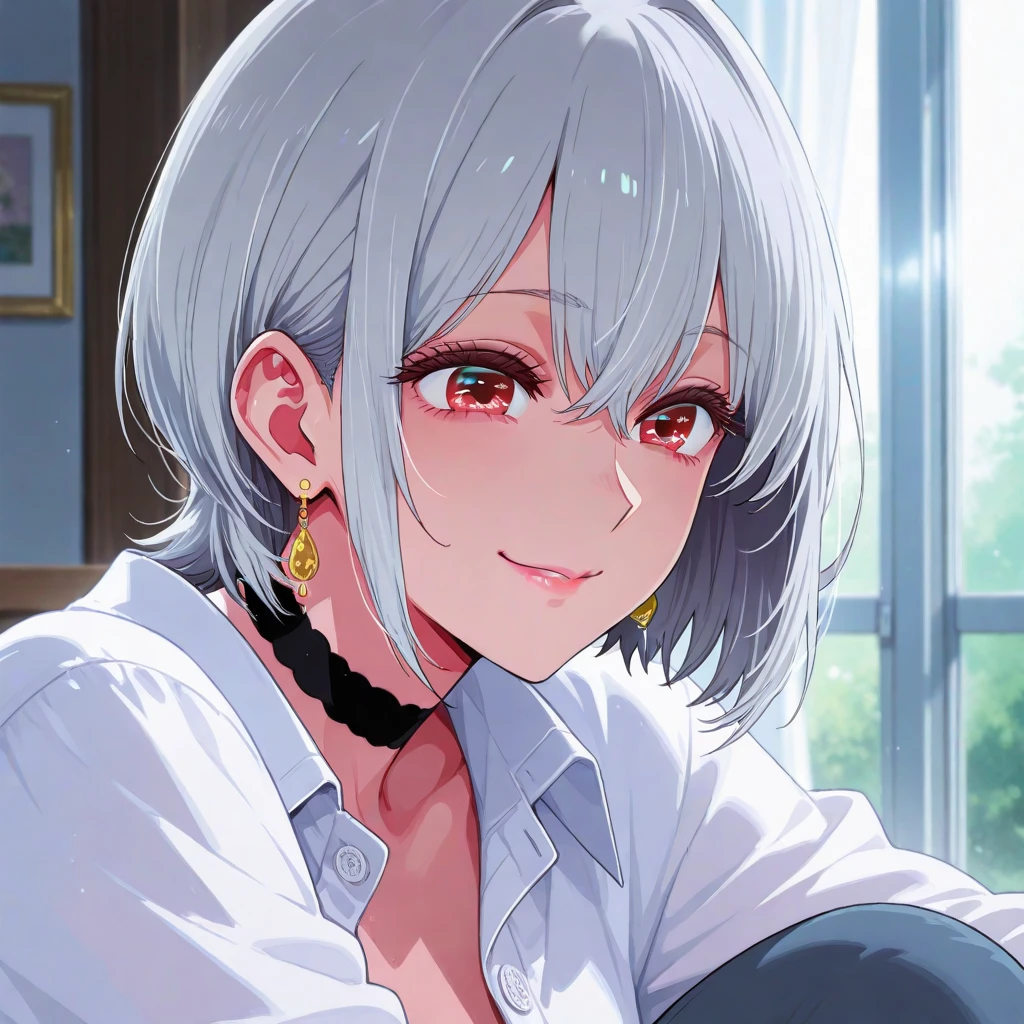 (masterpiece, best quality:1.2), 1girl, solo、白髪、(ショートヘア)、(目の間毛:0.7)(白髪)、((最高品質))、(傑作)、(リアルな影)、(被写界深度)、(複雑なディテール:1.4)巨乳