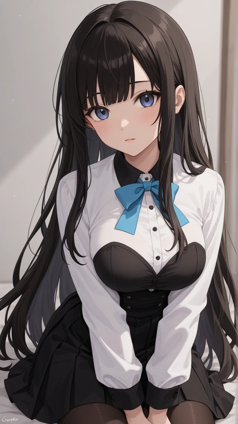 Rin Tohsaka, Rin Tohsaka, aqua eyes, Black hair, Hair Ribbon, Long hair, bow ribbon, (side locks:1.3), (black thighhighs:1.3), looking at the viewers, BREAK (masutepiece:1.2), Best Quality, High resolution, Unity 8k壁纸, (Illustration:0.8), (Beautiful detailed eyes:1.6), extra detailed face, Perfect Lighting, extremely details CG, (Perfect hands, Perfect Anatomy),,cowboy shot、(white shirt:1.5)、(Office Lady:1.3)、Miniskirts、((Black skirt:1.5))、s Office、Jacket, Formal, Suit, pencil skirts, Skirt suit、(cleavage of the breast),A smile、Sitting on a chair、(white panties:1.3), office ID card holder, office lady ID card worker holder, office ID card holder, ID card