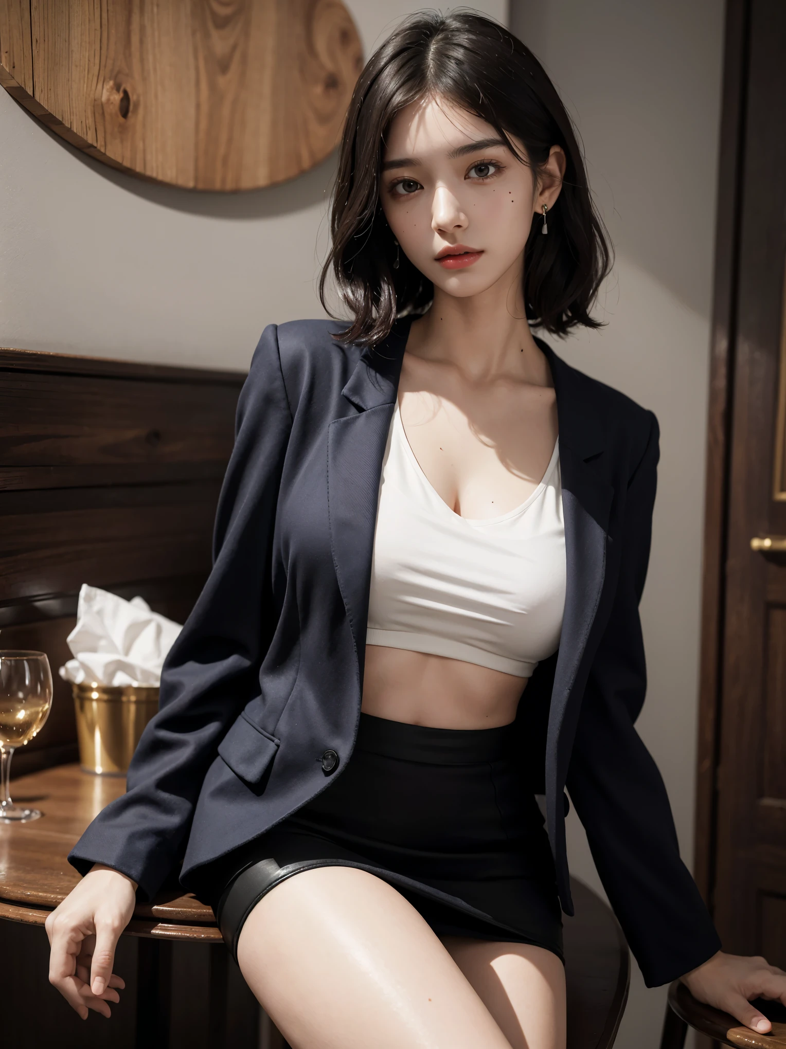 Delicate, Masterpiece, Beautiful Detail, Colorful, Fine Detail, Detail, Detail, Big Breasts, 1 Woman, (20 Year Old Beautiful Korean Woman: 1.1), (KPOP Idol, Korean Mix), (50mm Sigma f/1.4 ZEISS Lens, F1.4, 1/800s, ISO 100, Photo: 1.1), (Ponytail + Blonde: 1.2), Realistic: 1.4), (Spy: 1.2), (dark blue open jacket, shirt, skirt, tie, black pantyhose, Christian Louboutin \ (brand\): 1.3), earrings, necklace, armlets, (tavern: 1.2), (beautiful legs, tall woman, skinny, slim legs, thigh gap, model: 1.2), lens flare, happy smile from the front: 1.1), Dynamic pose, (make: 1.2), sitting on bar stools, Nogizaka idol, Korean idol, actress, gravure idol, armpit, arms crossed, android