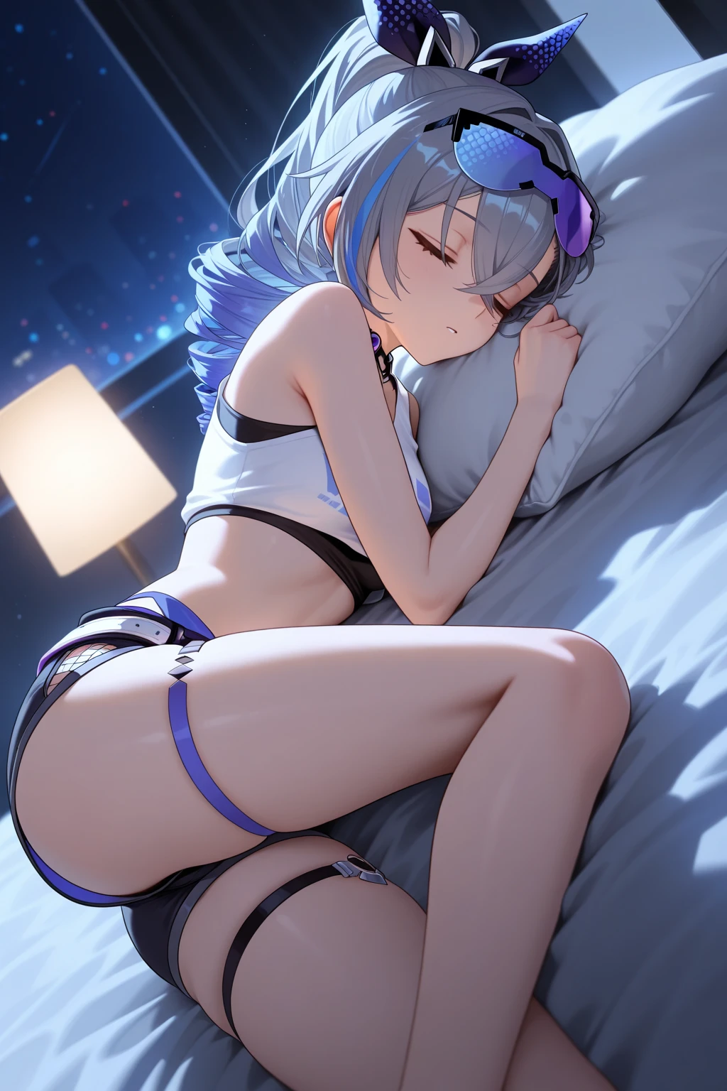 ((8k, Highest quality, masterpiece: 1.3)),Ultra-high resolution,(1 girl, alone), (Color changing eyes, Ultra-detailed, Expressive brilliance, Glitter, Glowing Eyes), Highly detailed eyes, Highly detailed face, Random Hair, ((pastel colour))A woman in a pastel bikini lies on her back on her bed, her legs spread as she looks up with a mixture of shock and embarrassment. The room is dimly lit, with the light casting soft shadows across her body. Her hair fans out around her head, adding to the feeling of vulnerability. The scene is intimate, capturing a moment of surprise in the privacy of her room. (lying on back, shocked face, wide-spread legs:1.5).