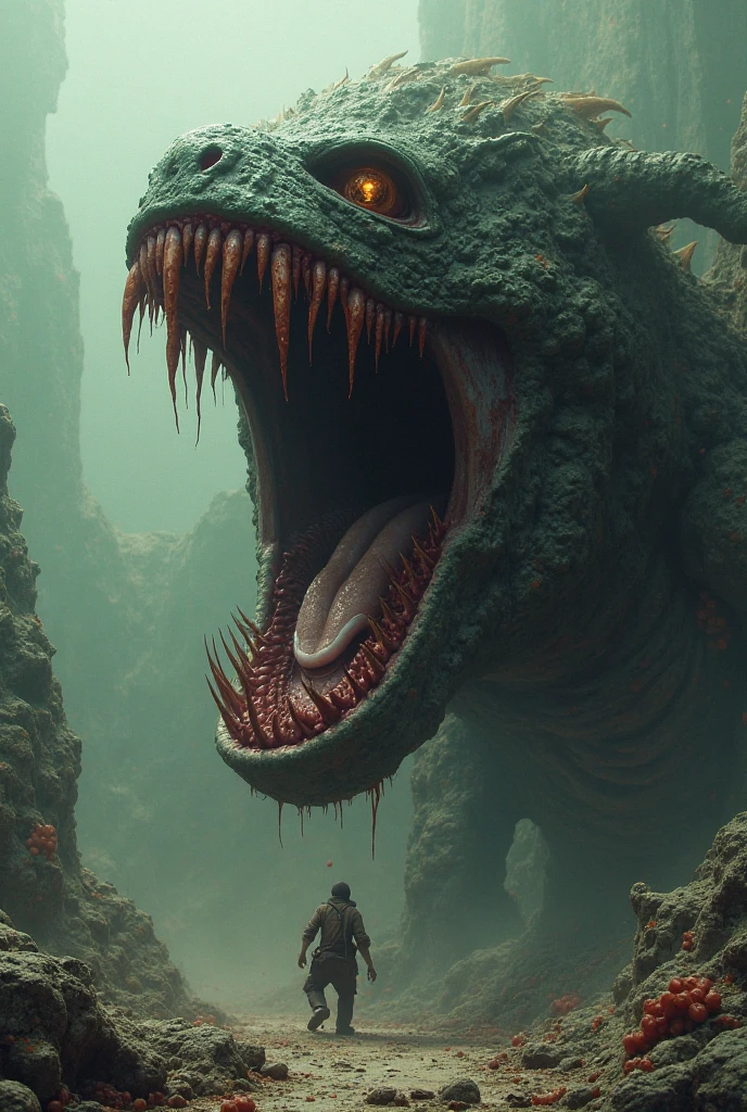 there is a giant monster with a man standing in front of it, gaping maw, big titan creature in the center, detailed hot maw, a creature 5 meters tall, detailed maw, you looking into the maw, huge creature, ilithid, mantis head monster god temple, cacodemon, z'gok. 8 k hd resolution