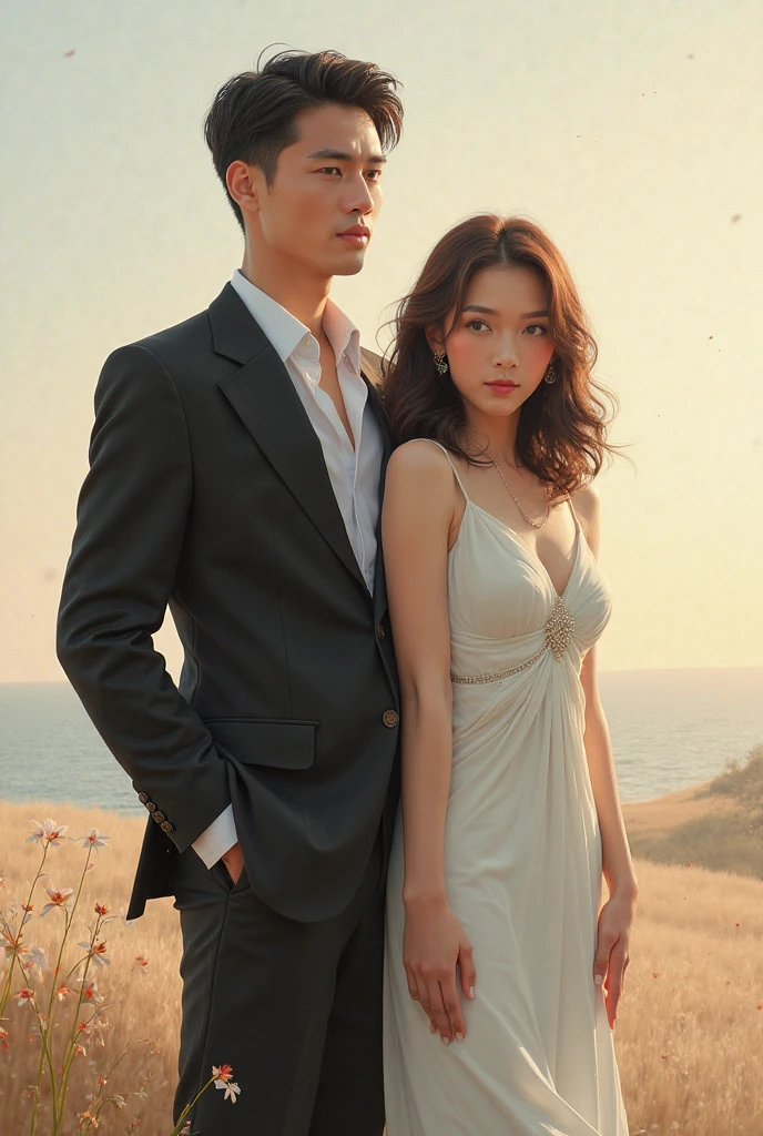 A couple walking on the beach，Female face exquisite，Handsome male face