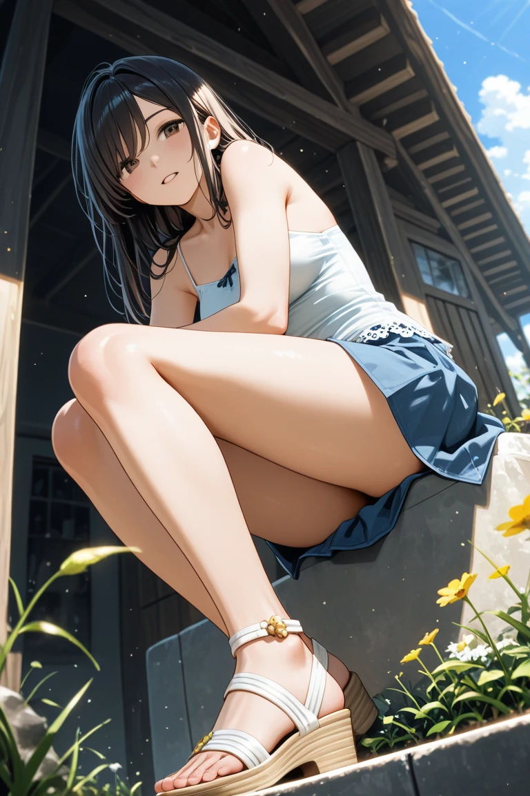photo-like super-realistic and high-definition images, atmospheric perspective, 8k, super detail, accurate, best quality, 1 woman, (realistic skin), ecstasy face, open mouth, dark brown pupil, ((drooping eyes, blush)), (sleepy face), ((elaborately designed luxury panties for adults, panties high definition images, draw panties with super precision)), (((show off the panties))), open legs, raise leg, thin thighs, thin legs, eccentric pose, slut, straddling, climbing, masturbation, angle from below, (show armpit), skirt, earrings, necklace, shoulder bag,