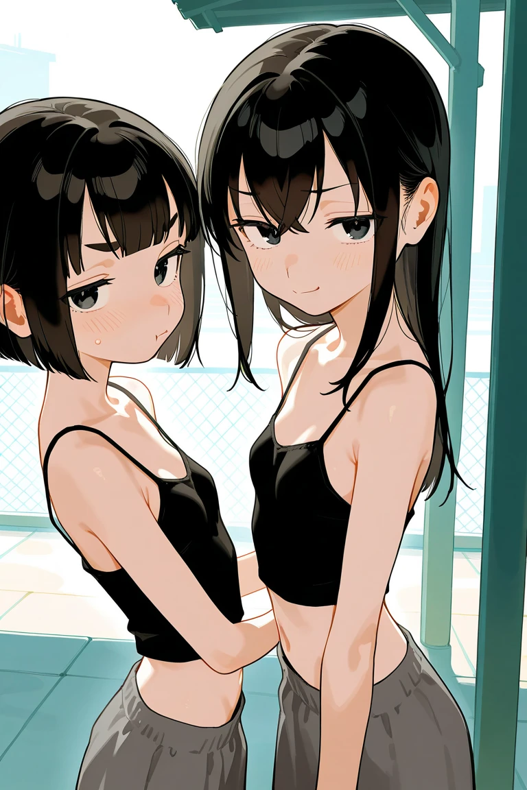 masterpiece, best quality, 2girls, 10yo, (petite), ponytail, from side,
 smile, standing, strapless leotard, see-through, nipple slip, small breasts, (school gym:1.1),