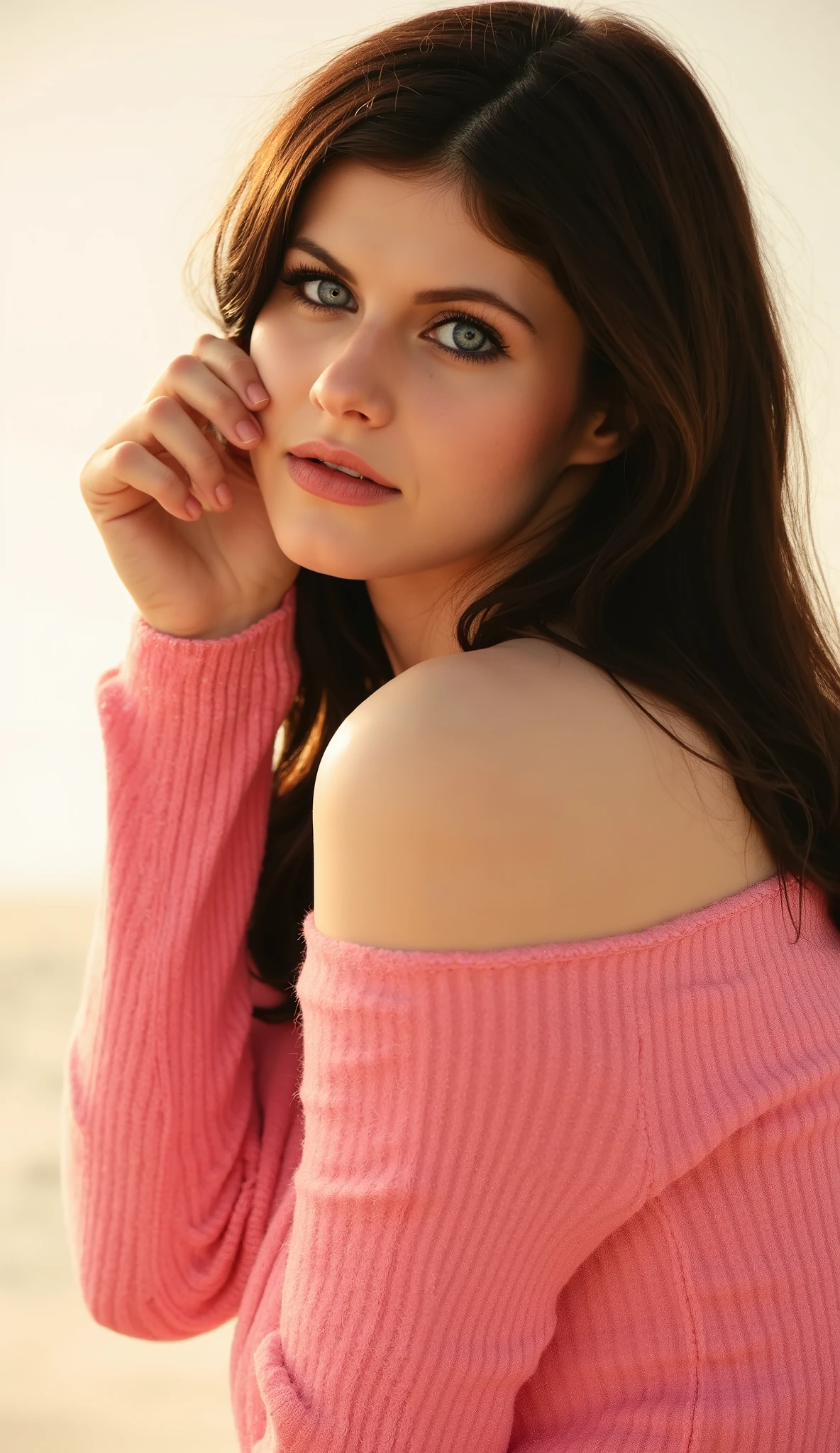 "White background ,She (((Alexandra Daddario))) wears a pink sweater with off-the-shoulder sleeves and long sleeves extending past her wrists against fair skin glowing in soft golden light. Her black hair cascades down her back as she gazes directly at the viewer with closed lips and shining bright eyes ,Gently caress the face with your hand., highlighting her beauty, elegance, and cultural heritage. The cover reflects a sophisticated fusion of traditional Japanese aesthetics and modern fashion, embodying the FuturEvoLab style for an impactful and visually stunning cover,Dinamic Dramatic.