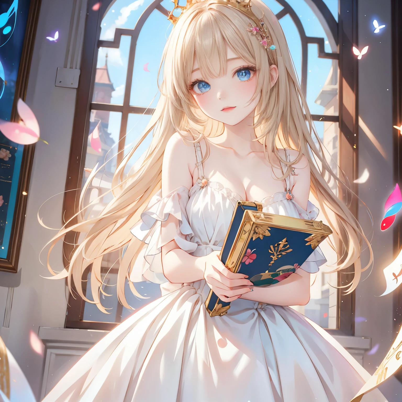 There is a woman in a white dress holding a music box, artwork in the style of Gwaiz, Gwaiz on pixiv artstation, Gwaiz on artstation pixiv, Gwaiz, Fantasy art style, Gwaiz masterpiece, Beautiful and elegant queen, Beautiful character drawings, Detailed digital anime art, Blonde Princess, Gray Hair, Sky blue eyes, Pink Lips
