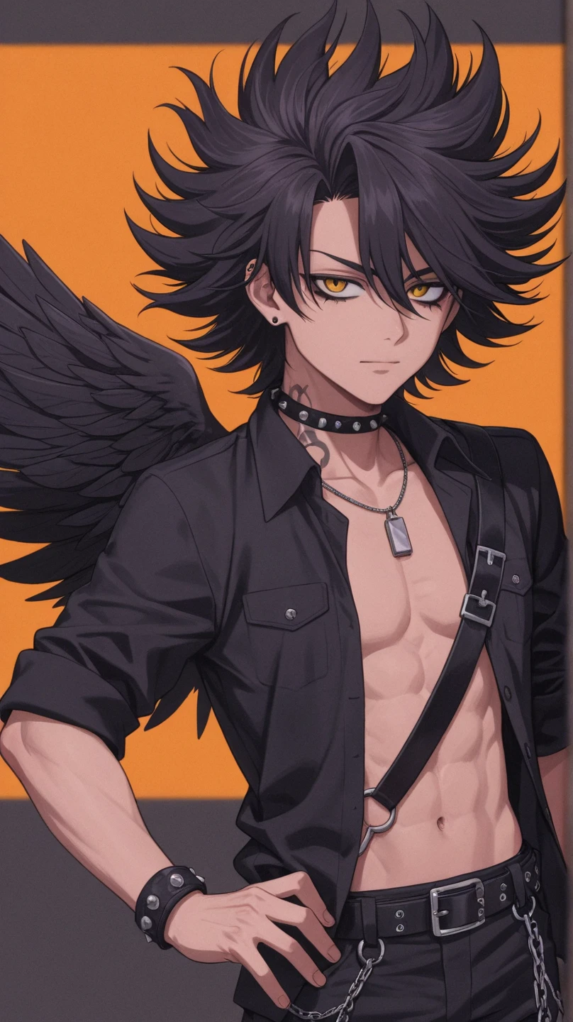 A  boy with black hair and yellow eyes, with sexy body