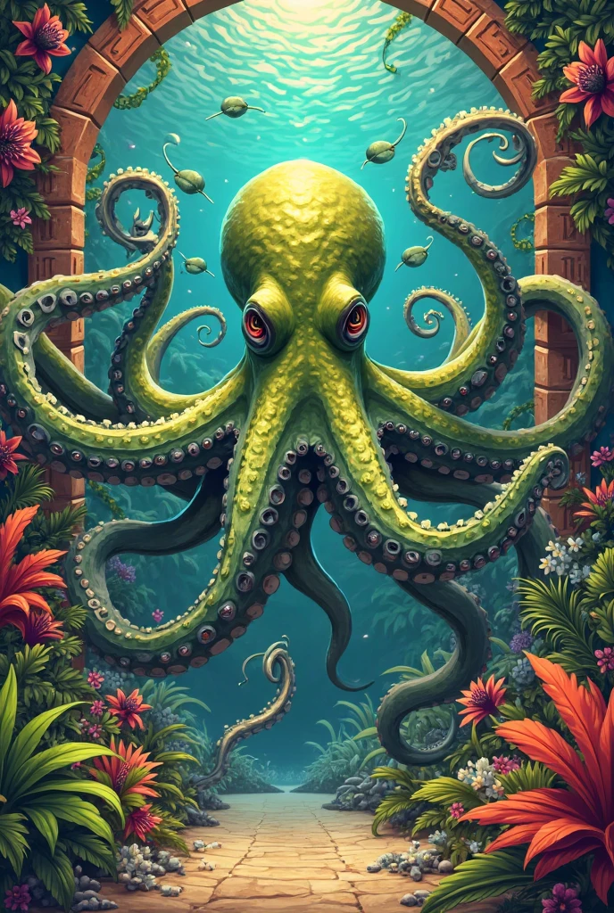 Dream illustration, fairy tale, all black background, oil painting, 8k, High definition, a large kraken large tentacles, beautiful lush jungle, High definition, doradas, yellow light, Light teal, magenta red, luz roxa, moonlight colors, Cold Lighting Atmosphere (digital drawing:1.2), comic style, cartoon-like, illustrative funk, graffiti retroonda, Perspective view, tee shirt graphic, ultra HD, realisitic, bright coloured, highy detailed, UHigh definition drawing, pen and ink, perfect composition, linda, detailed, intricate, insanamente detailed, octane rendering trend in artstation, 8k artistic photography, photorealisitic concept art, soft natural volumetric cinematic perfect light