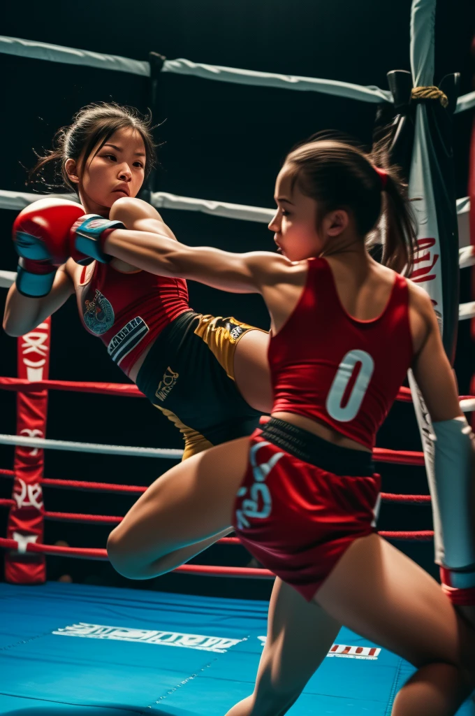 RAW image quality, 8K resolution, Ultra-detailed CG quality, (High resolution, highest quality, table top:1.4), 2 girls, (16 year old female :1.3), sparkling skin, narrow waist, Large chest teeth above the skin, (A woman wearing a sports bra and boxing shorts:1.3), boxing gloves, boxing match, (A powerful punch cuts the face)、fist fight、short shorts, sweat a lot, (in the boxing ring:1.2), (Her panties are visible under her shorts:1.2), tight clothes, pubic hair, angry look, blush, Large audience background, biologically correct,