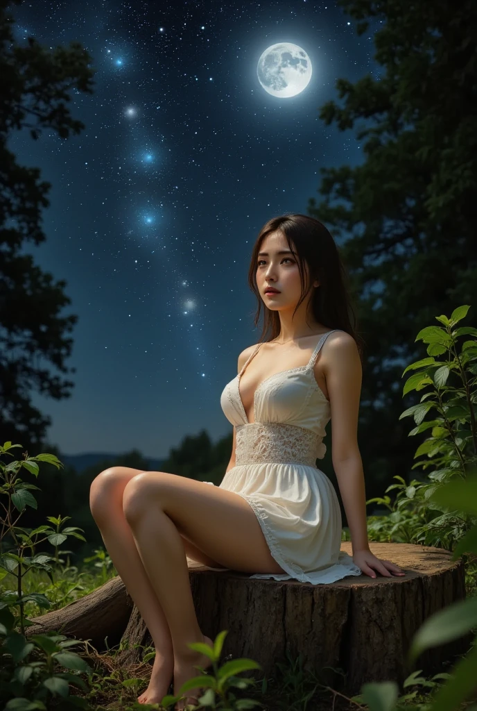 NSFW,(masterpiece,best quality,ultra detailed,realistic,photo-realistic,high-resolution,fain_grain,thorough realism,4 K:1.2),1 girl,(extreme cute Japanese_idol face:1.2),lying on the ground with open legs,lotus_position,16 years old,(complete nude),(KAWAII,baby_face:1.2),(blush face,kind smile:1.1),(black tie_up hair,bangs,hair blowing in the wind),(detailed eyes and face:1.2),(perfect proportion,excellent anatomy based on accurate skeletal_structure:1.2),detailed bottoms,pubic hair,(sweat skin that reflects moon light),Seductive glossy legs and feet,true life BREAK goddess,Japanese Primitive Age,primitive era,in darkness cave,might night,Small bonfire,moonlight,Mystical Night,Starry Sky,milky way,shooting star,Big Dipper,nature,(from below,dynamic angle:1.1),Professional Manufacturing,12 K resolution,Highly detailed,Ultra High Quality,hyper photo realism,chromatic aberration,rendering by octane,(true human's skin texture),
