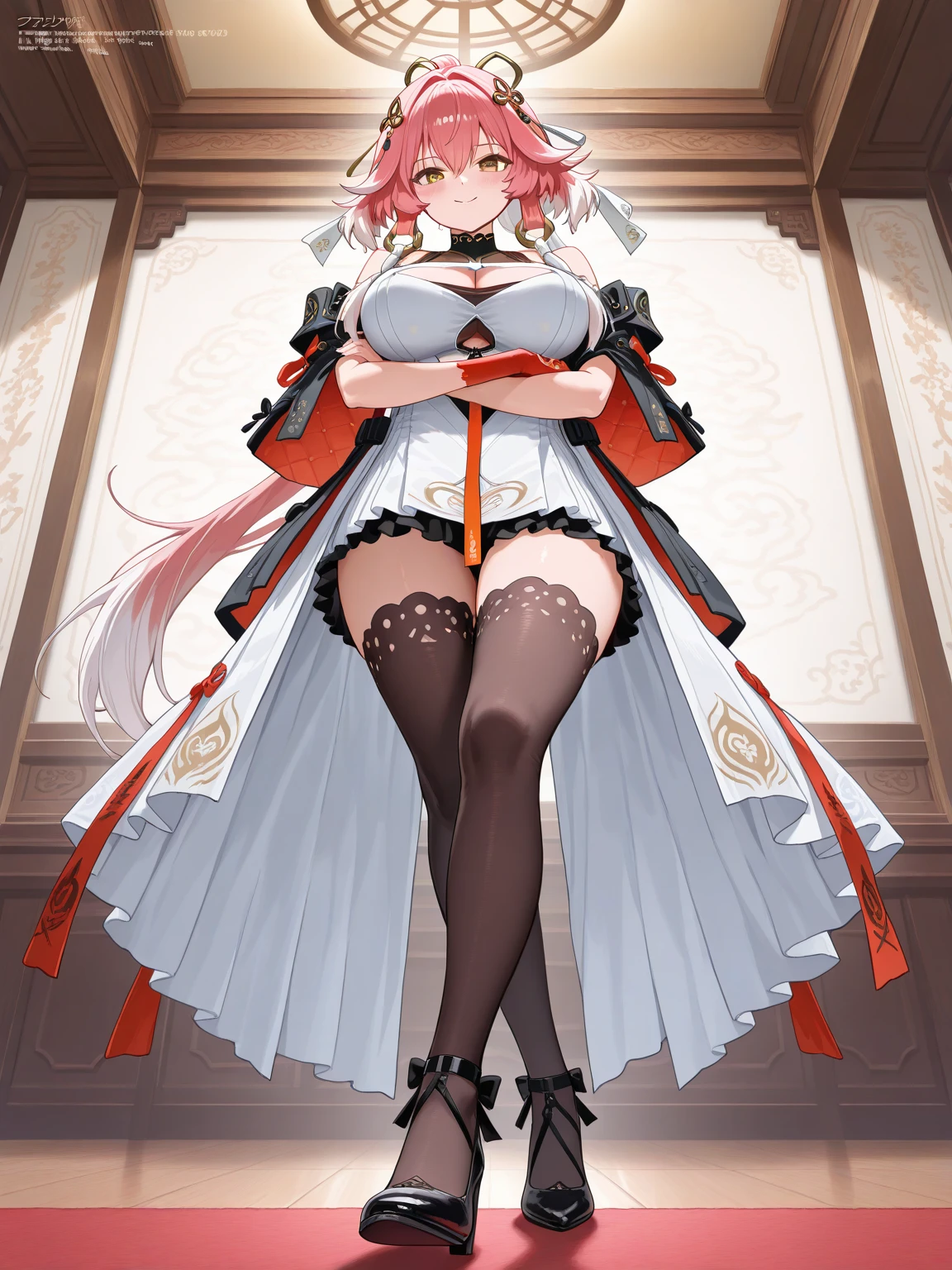 Beautiful solo woman、Cosplay、Ornament on the head、Grin、{Hitchhiking、whole body、Standing posture}、Very large breasts、{Expose the neck、Exposed shoulders}、{{{{Pink nipple covers、Colorful high-leg retards、Unbelievable outfit、Shiny black stockings、High heels}}}}