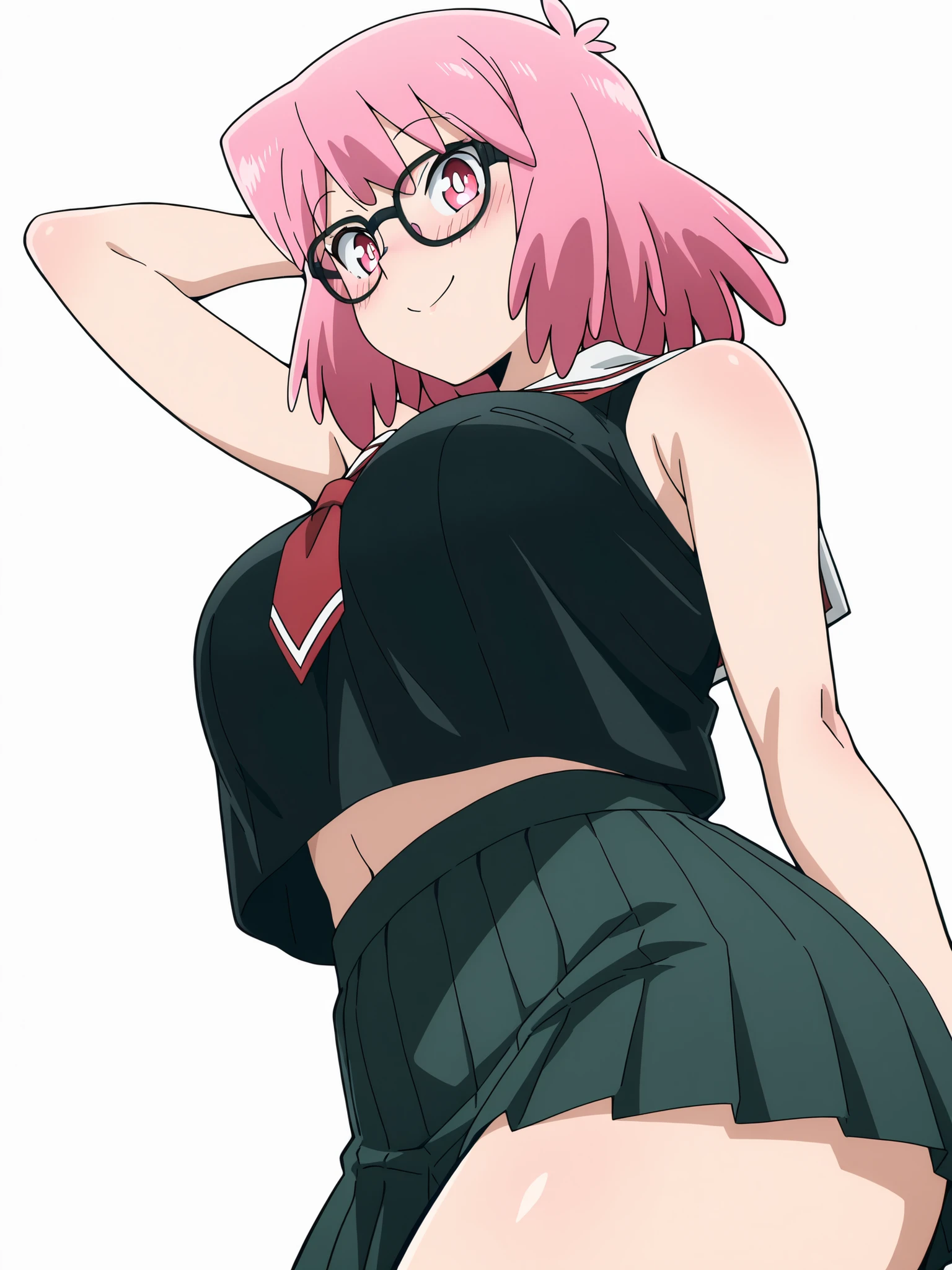 masterpiece, best quality, amazing quality, anime screencap, anime coloring, 1girl, solo, pop-step, pink hair, glasses, school uniform, medium hair, black-framed eyewear, pink eyes, black shirt, serafuku, pink eyes, sleeveless, bare shoulders, bare arms, arm behind head,, head towards viewer, looking at viewer, direct eye contact, smile, closed mouth, blush, confident, white background, simple background, from side, from below, huge breast, school uniform, short skirt, tied top, thick thighs, shy, embarrassed face