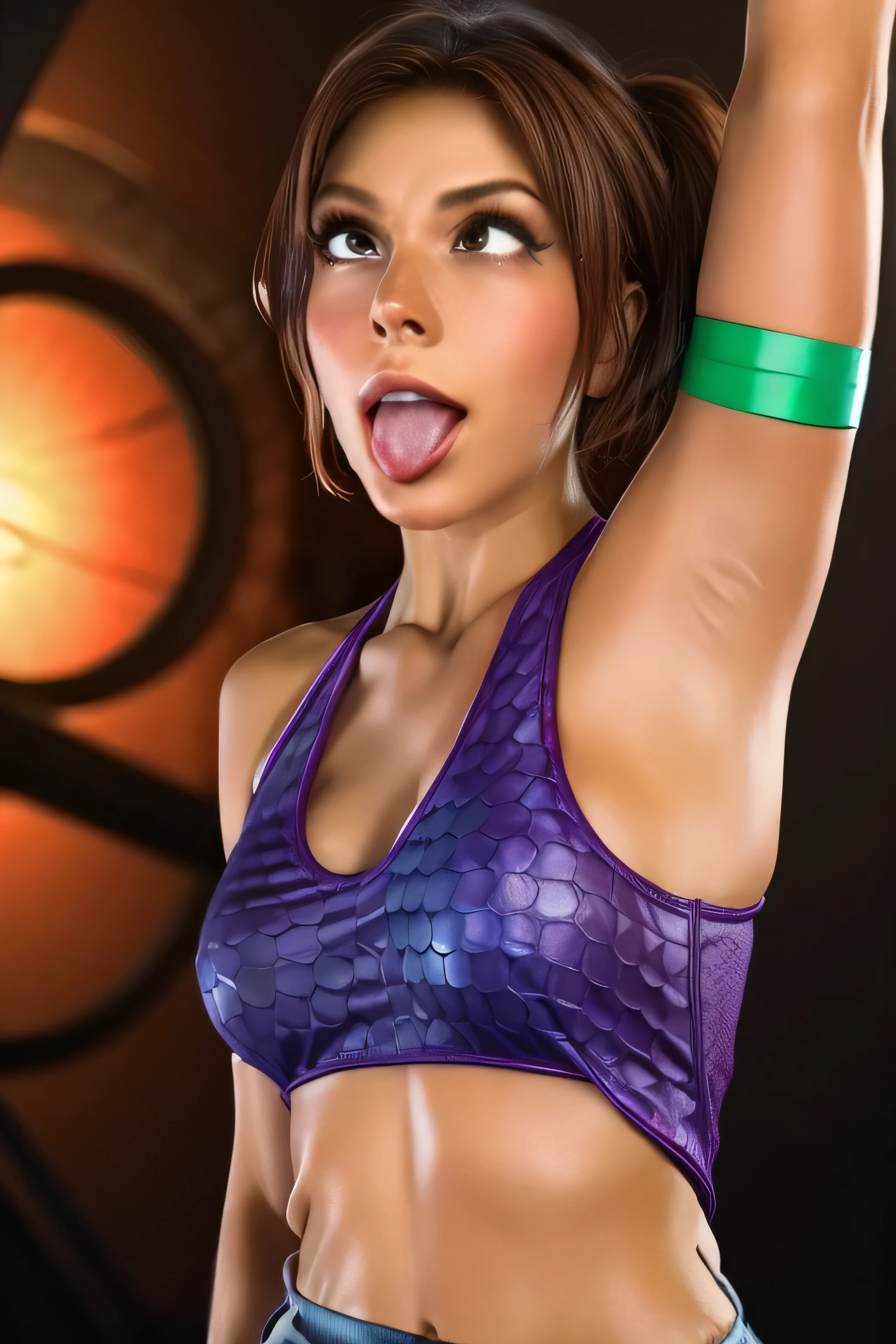 1 girl, standing, Jill Valentine,18 years old, Cups, Black thighs ,sleeveless,shorts, brownish black hair, big chest, big ass, medium breasts,capture anime screen, mature appearance,armpits,sweat,sweaty,sweaty armpits,arms up,showing armpits,awesome armpits,blue coloured outfit, black arm warmers,black arm bands