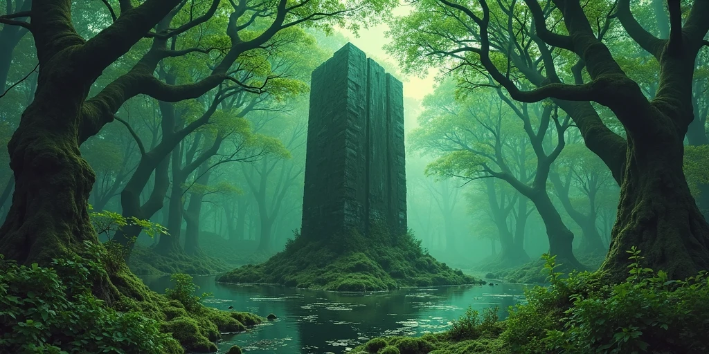 A juicy green color forest thicket with bizarrely curved trees and a ...