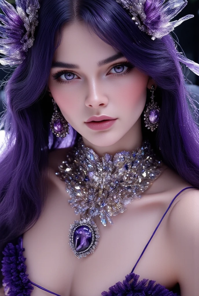 st. louis (luxurious wheels) (azur lane), hair ornament, portrait, silver dress, revealing clothes, necklace, blue nails, cityscape, night, rain, wet, (masterpiece:1.4),(best quality:1.4),realistic,fashi-girl,makeup,red lips,looking at viewer, solo,earrings,8k,best quality, masterpiece, purple eyes,beautiful light,background is a supercar,