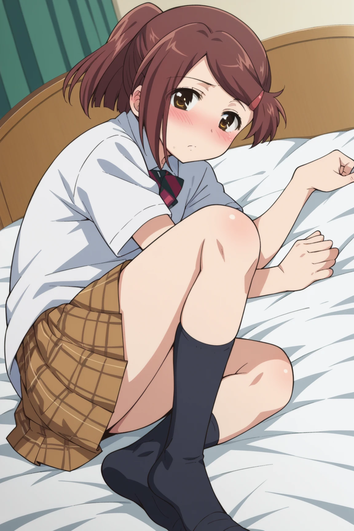 shirai_kuroko, Masterpiece, Best Quality, High Resolution, Beautiful Girl 1, Solo, Big, Indoors, Misaligned Bra, Supine, Hands Folded Back, Hotel, Rough Breath, Sexual Expression, Pubic Hair, Areola, Blushing, Hide Face with Hands, Upper Body Only Up, Spread Your Legs, Crotch Up, Shy, Sister, Dramatic Writing, Gritting Your Teeth, Brown Hair, Sleeping with legs open, pubic hair visible, teeth clenched, sweaty body, wet, tokiwadai school uniform, twintails, brown eyes, brown hair, sweater vest, crotch touched, chest touched, ((spread legs, legs up, perfect vagina, pussy)),nsfw, huge ass,,hairy pubic hair, (CreamPie:1.3),spread pussy, kupaa, spread legs