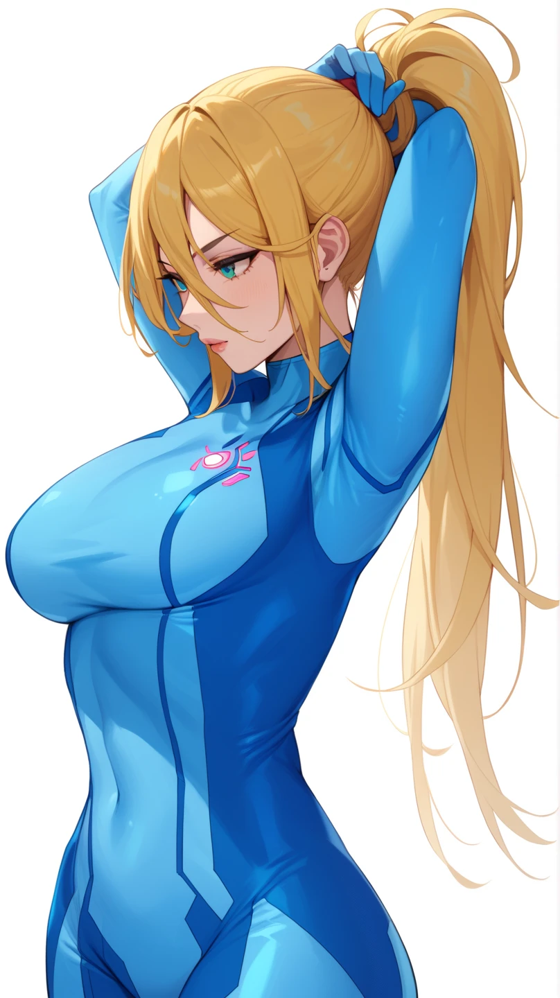 samus aran, ((kneeling)), gag, (((ponytail, hair tie, blue gloves, blue bodysuit, high heels))), blue eyes, portrait, facing camera, facing viewer, flat stomach, thin, skinny, slim, full body, ((best quality, masterpiece)), ((breasts, boobs)), ((arms behind back)), ((die-cut sticker)), [(simple background:1.3),::5], (solid outline:1.2),1girl, ponytail, blonde hair, hair tie, ((angry, tears, blush):1.1)