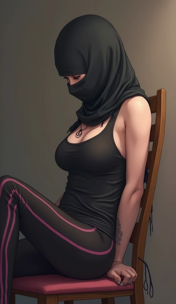 Beautiful athletic and toned 20 year old muslim woman, she is 15 ft away from the camera, she is wearing a pitch black chador cloak and loose black clothes, she is wearing black strap sandals, she is in a mosque hallway at dusk, she is holding a single sharp bloody scimitar in her left hand, she is grasping the scimitar gently, the scimitar is dripping dark red blood on the floor from the tip of the blade, she is holding the scimitar down at her hips, (she is using her right hand to cover her nose and mouth with her chador cloak), dim lighting and shadows, (light is glaring off the polished blade), the hallway floor is polished white marble and reflective,huge breasts, (she is crouched very slightly), (she is leaning forward slightly toward the viewer), (she is getting ready to jump at the camera), tiny waist, large hips. (Lens flare), Sunspots on lens,  dust particles in air, warm lens filter, (4k dslr camera), ((hyper realistic)), hyper detailed, beautiful face and eyes, (she is looking directly the viewer with mischievous daring eyes), (((perfect eyes))), (she is wearing black eyeliner and mascara and black smoky eyeshadow), perfect beautiful body, skin is glowing and radiant, ((perfect skin)), (((beautiful face))), (perfect face symmetry), (full body shot)