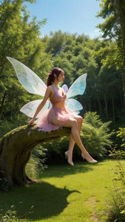 An enchanting plump fairy with translucent wings sits on naked man, insert dick into her vagina, a vivid array of wildflowers, her crystalline figure mirroring the radiant charm of a sun-kissed meadow,