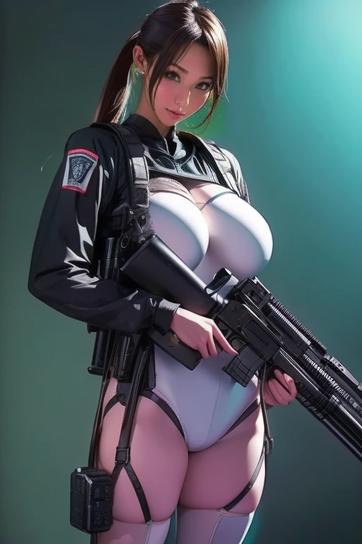 (Anime style), ((Mature Woman)), Female Policeman, Black Belt, Open Wear, Leather Jacket, Long Dark Brown Light Wavy Hair, Police Badge, Strap on Chest, Big Rifle, Gun, Dungeon with Bullet Hole Background, Thigh Height, Black Leather Boots, Provocative Poosing, High Leg, High Leg Thong, Night, Naked Tits, Dressed Clothes, Boobs, Side Boobs, cleavage, police uniform, baseball cap, headset, under, ((low leg laces)), (skindentation)), panties pulled down, exposed, (shiny on), shiny all over the body, shiny all over the body, buttocks focused, (standing, legs spread, bent), big buttocks, hip shot, (back figure), (back view),