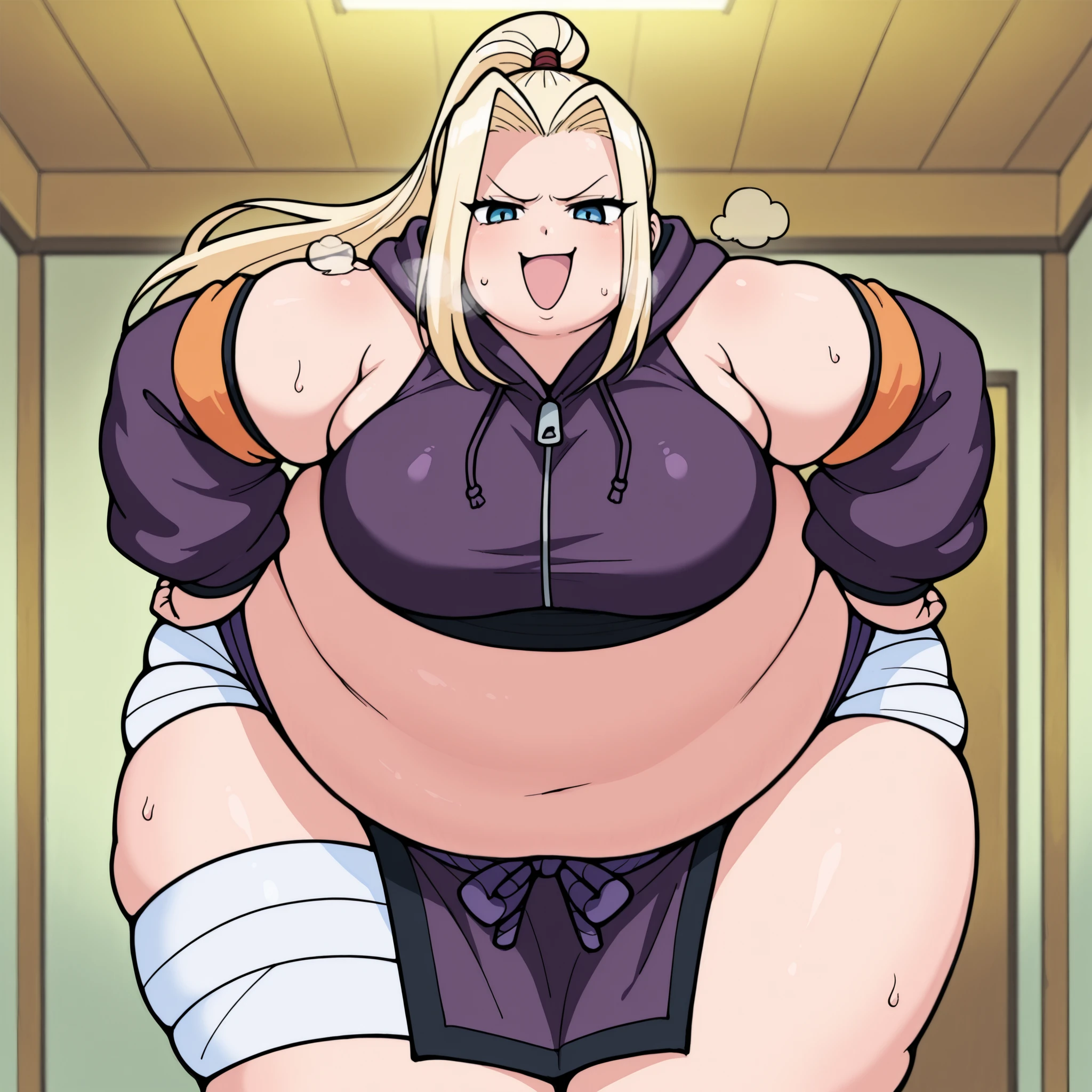 score_9, score_8_up, score_7_up, source_anime, ino yamanaka, long hair, blonde hair, ponytail, high ponytail, blue eyes,, bare shoulders, detached sleeves, bandages, bandaged leg, sleeveless, hoodie, hood down, crop top, purple crop top, pelvic curtain, detached sleeves,, indoors, bent over, smile, smug, looking at viewer, solo,, cowboy shot, dutch angle fat, chubby, obese, gigantic arms and legs, large breasts open mouth, out of breath